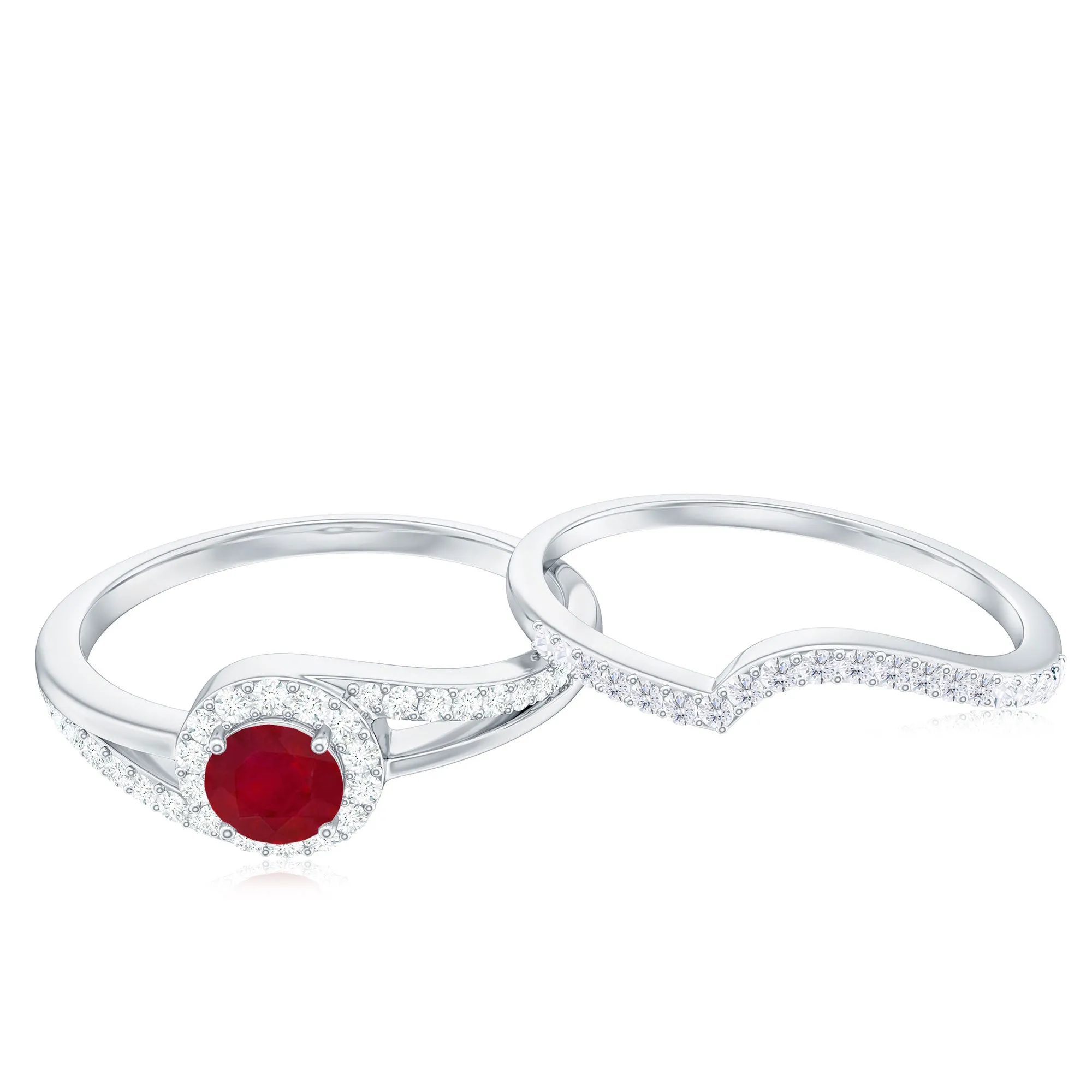 Natural Ruby and Diamond Minimal Bridal Ring Set