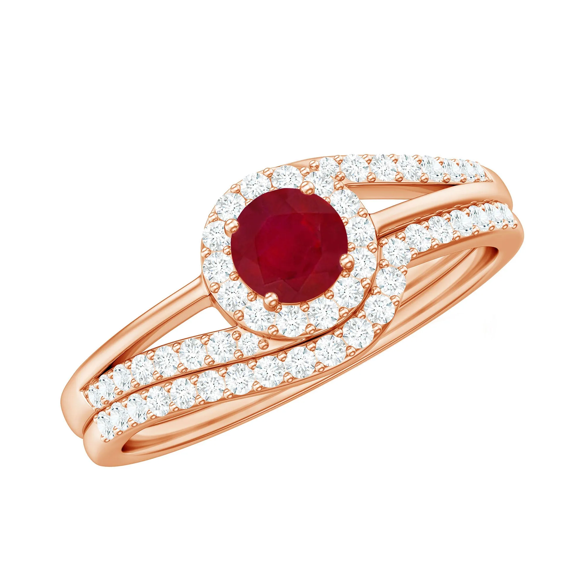 Natural Ruby and Diamond Minimal Bridal Ring Set