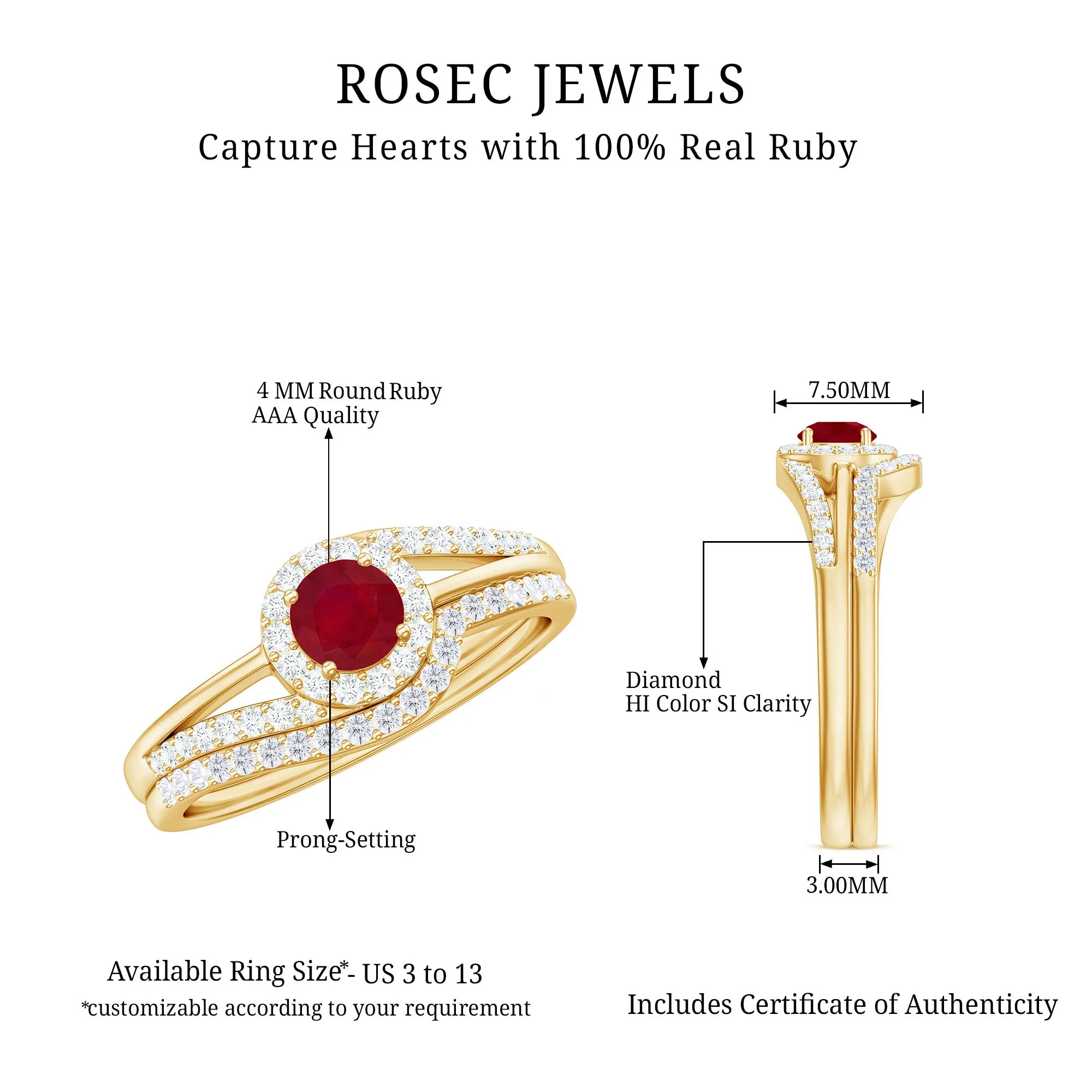 Natural Ruby and Diamond Minimal Bridal Ring Set