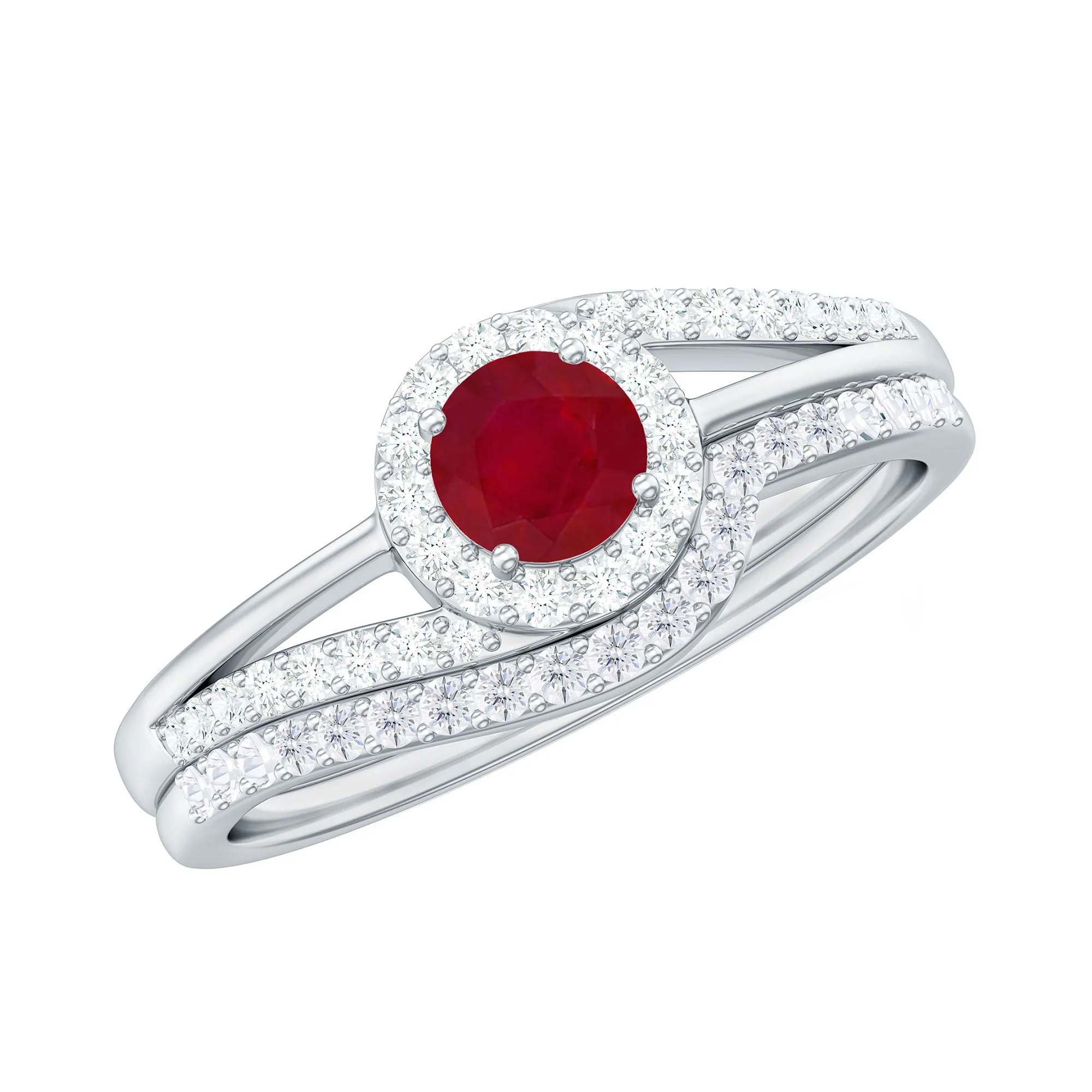 Natural Ruby and Diamond Minimal Bridal Ring Set