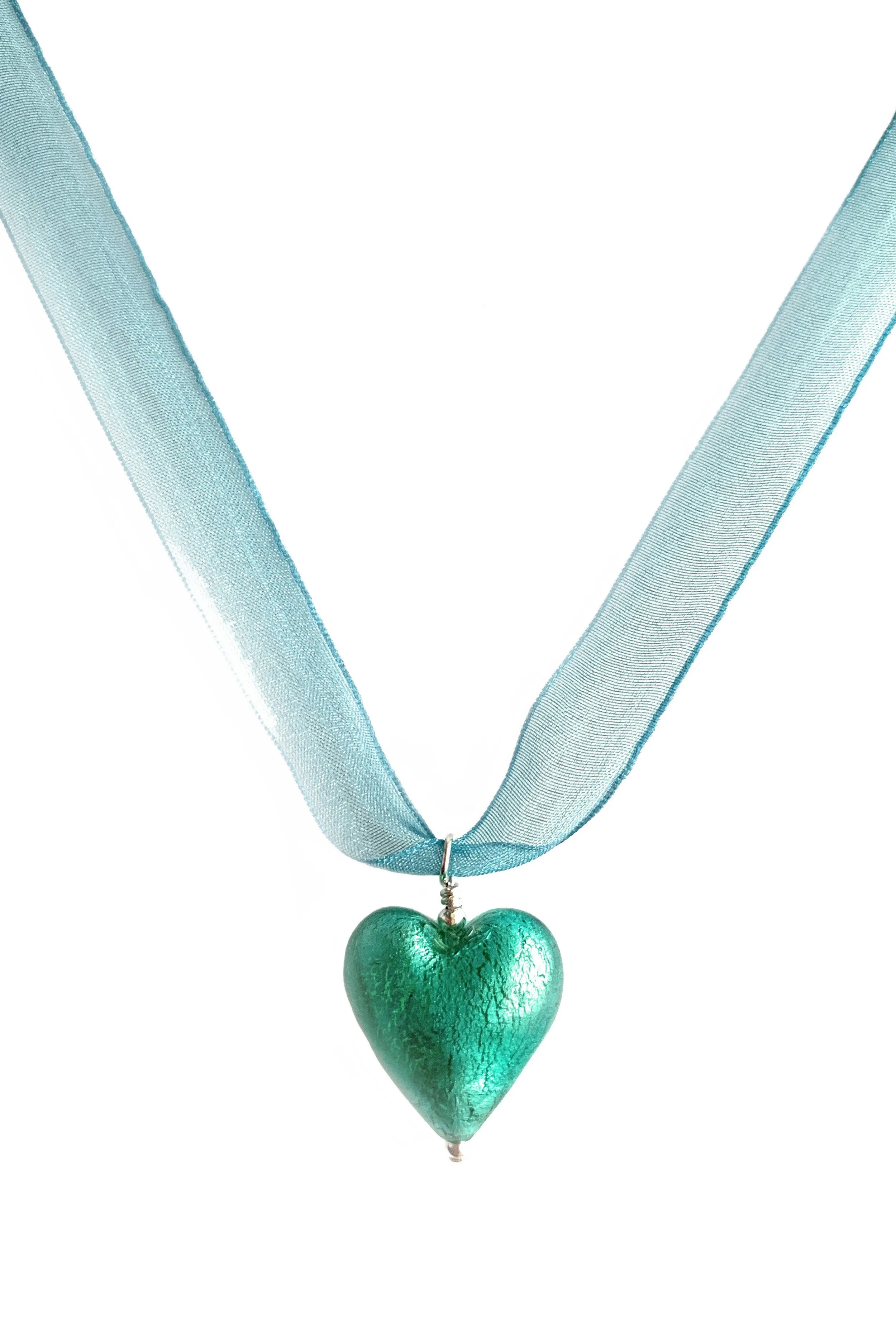 Necklace with teal (green, jade) Murano glass medium heart pendant on organza ribbon