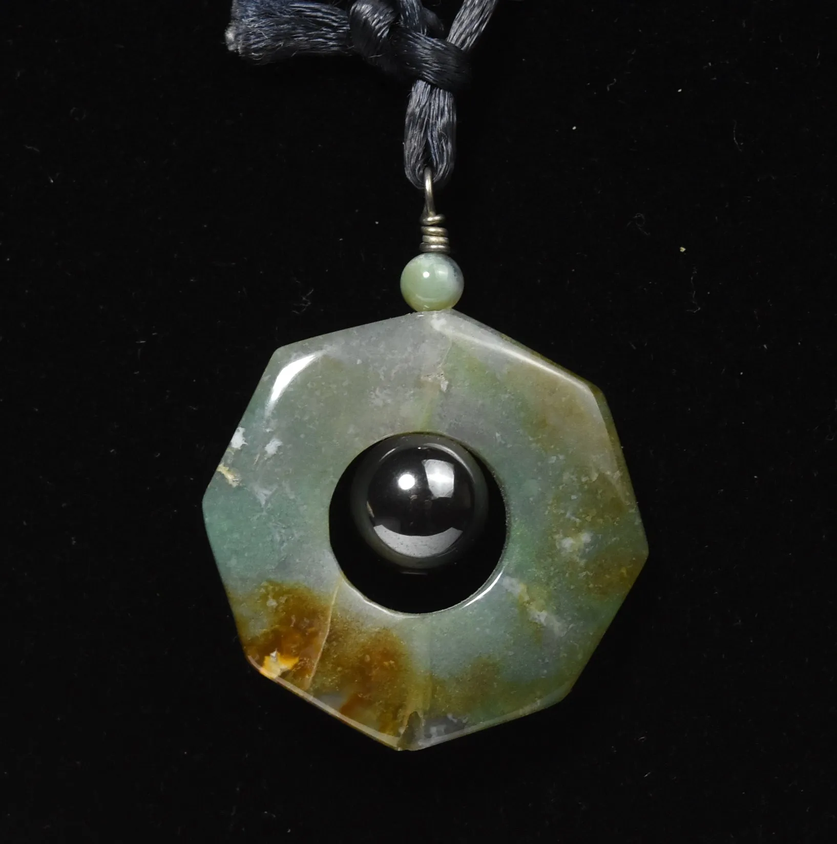 Nephrite Jade and Magnetite Pendant on Black Silk Cord Necklace