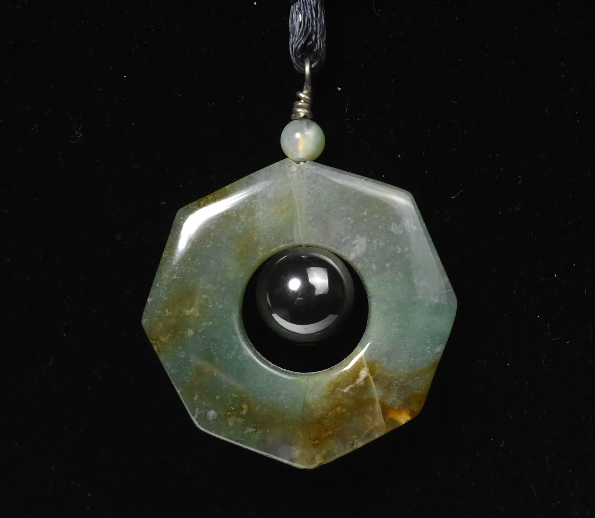 Nephrite Jade and Magnetite Pendant on Black Silk Cord Necklace