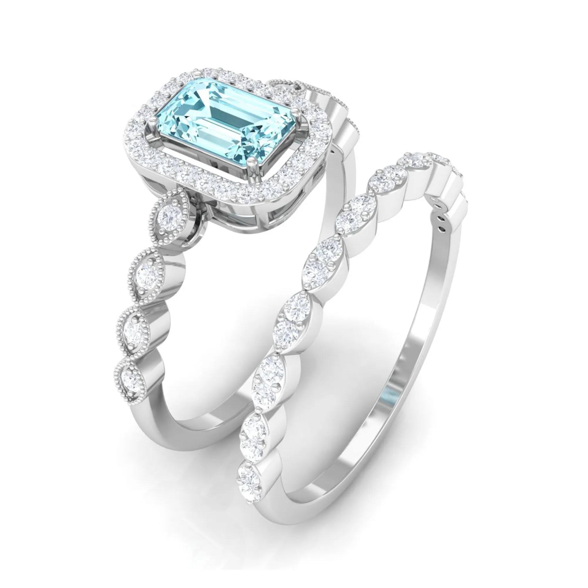 Octagon Cut Aquamarine and Diamond Designer Ring Set