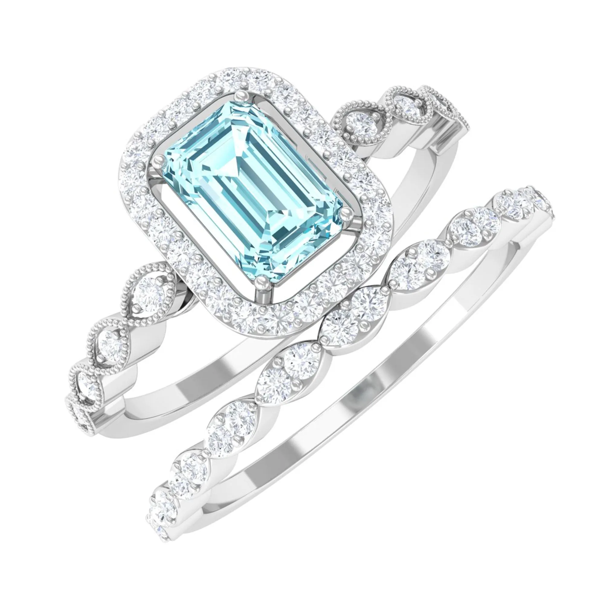 Octagon Cut Aquamarine and Diamond Designer Ring Set