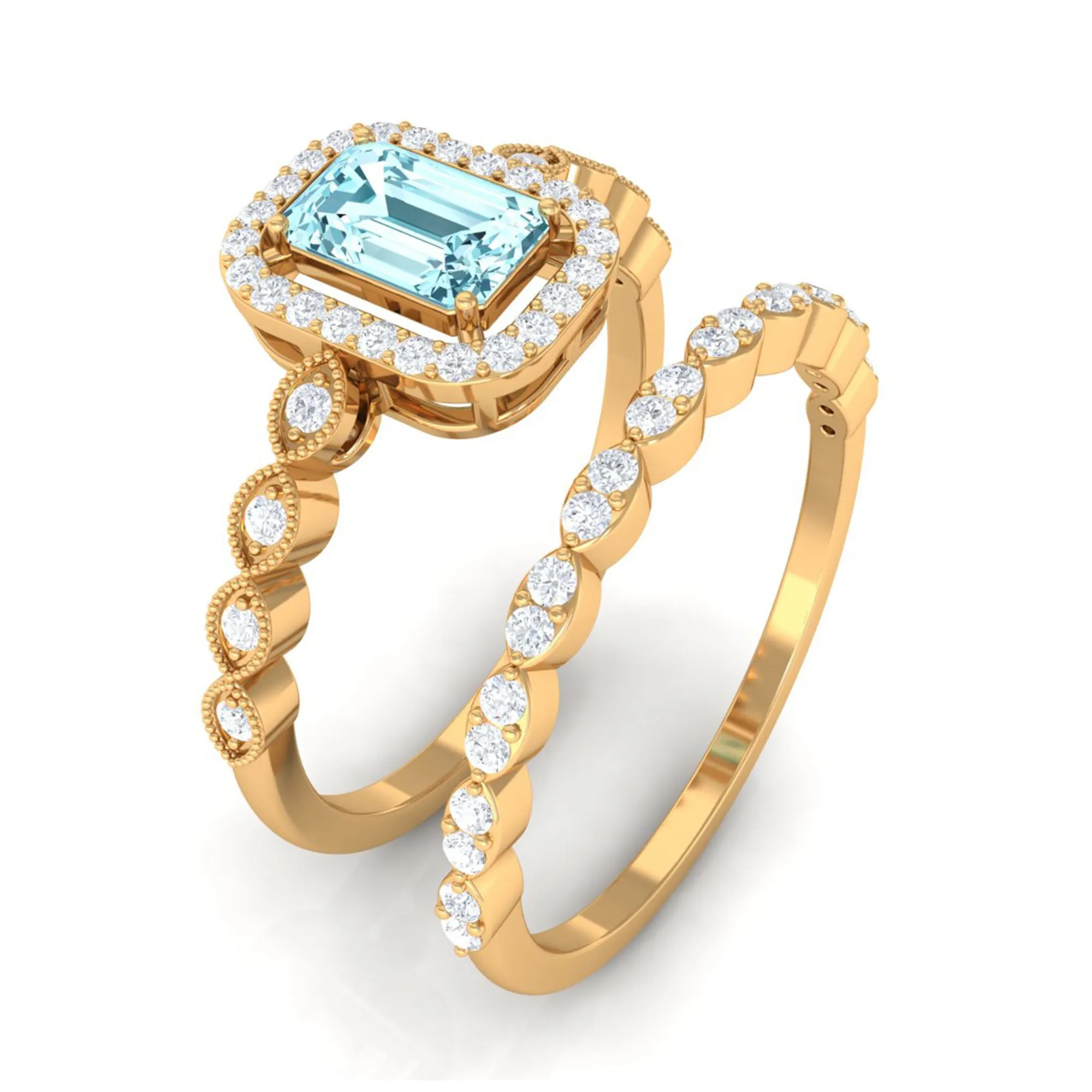 Octagon Cut Aquamarine and Diamond Designer Ring Set