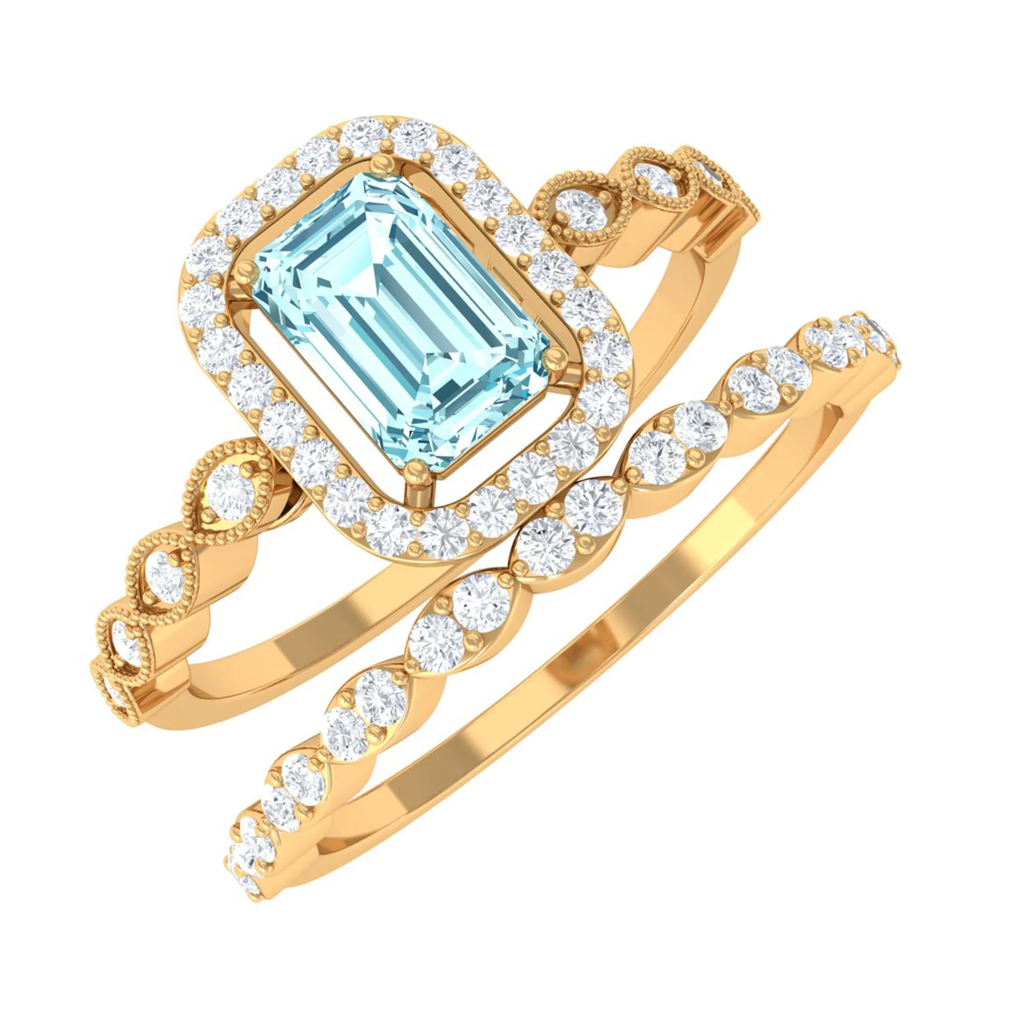 Octagon Cut Aquamarine and Diamond Designer Ring Set