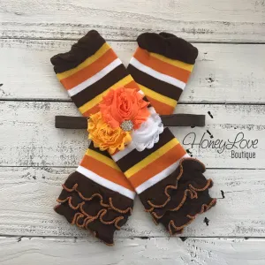 Orange, Brown, Yellow and White Stripe Leg Warmers and Candy Corn headband