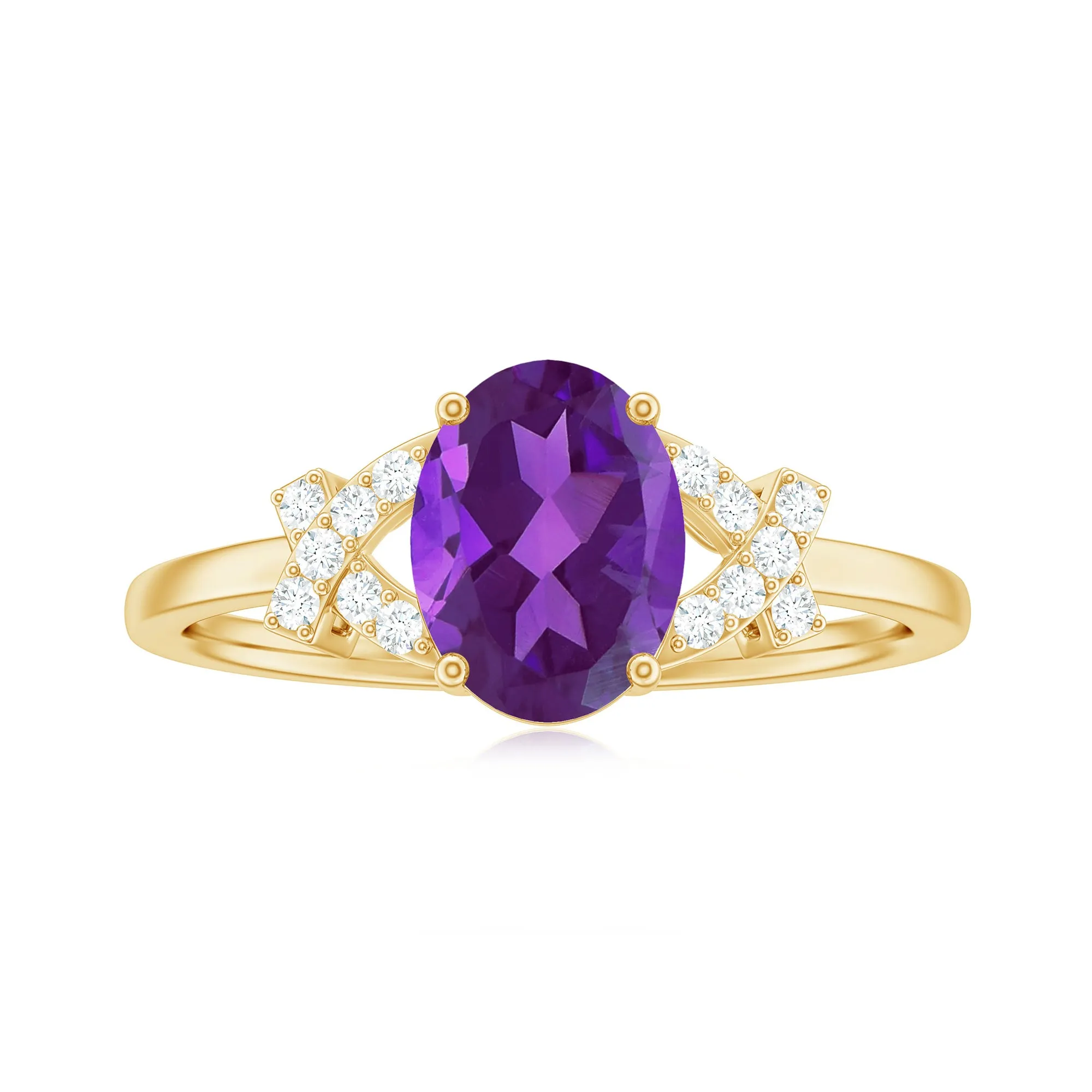 Oval Amethyst Solitaire Ring with Diamond in Split Shank