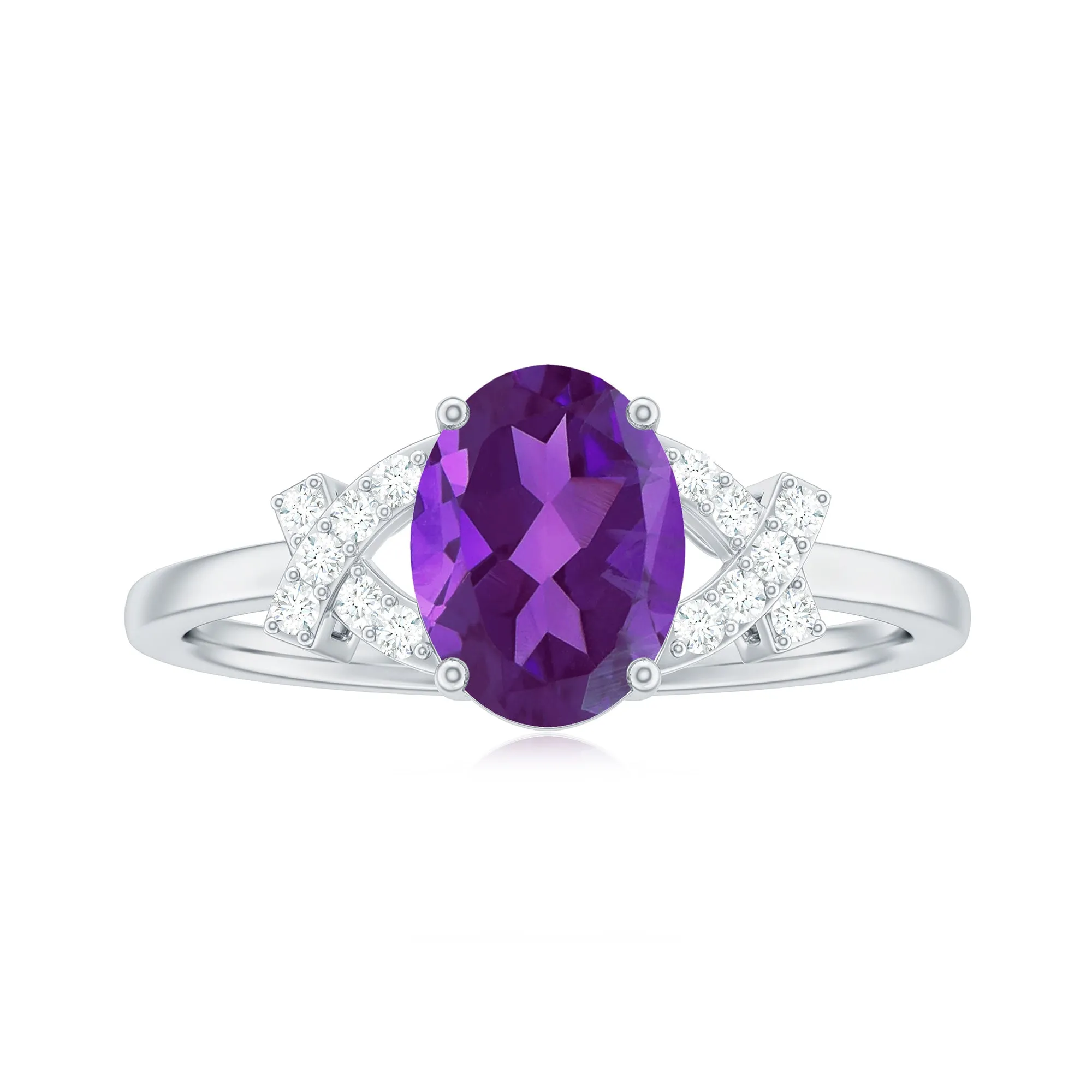 Oval Amethyst Solitaire Ring with Diamond in Split Shank