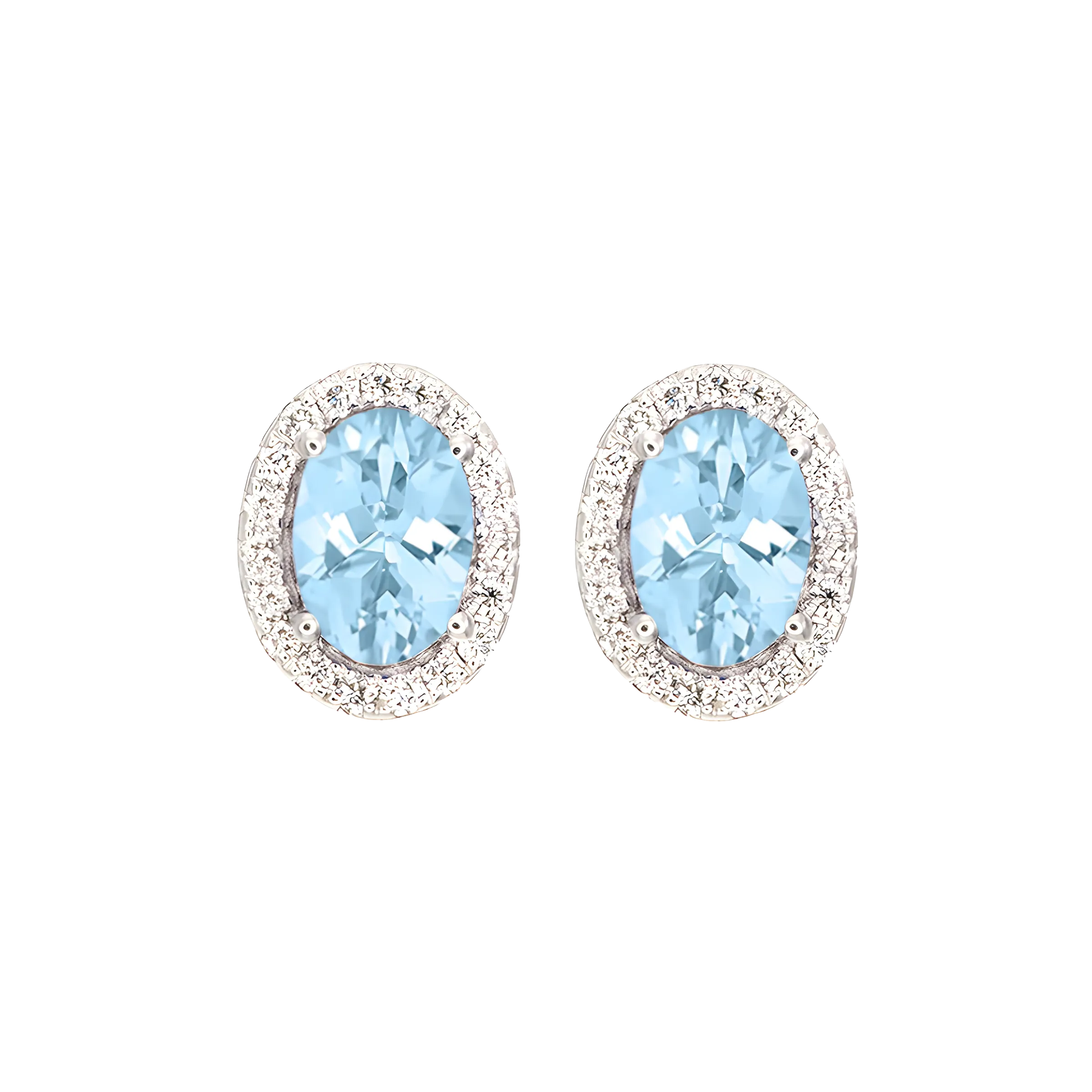 Oval Aquamarine And Diamond Halo Stud Earrings in 18k White Gold