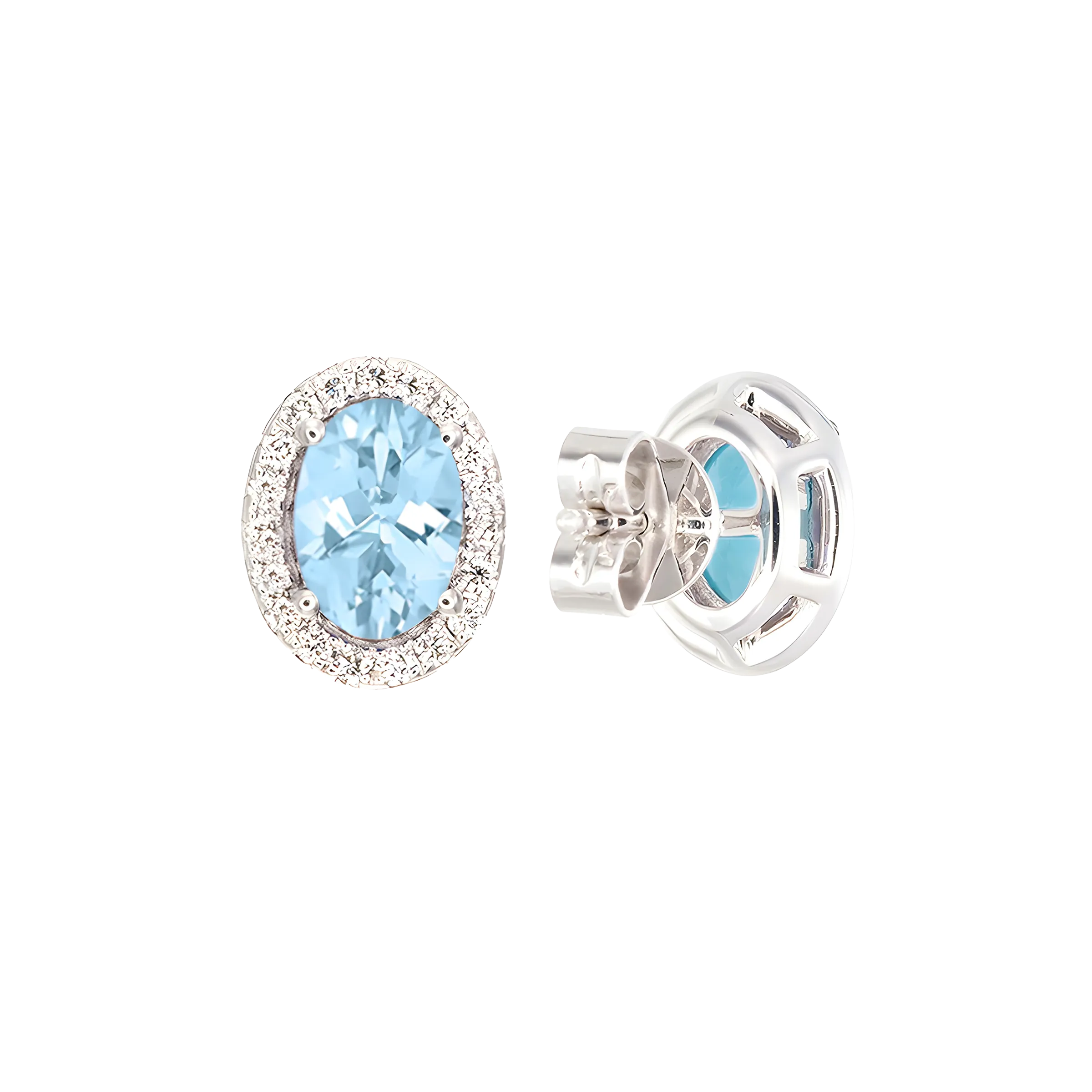 Oval Aquamarine And Diamond Halo Stud Earrings in 18k White Gold