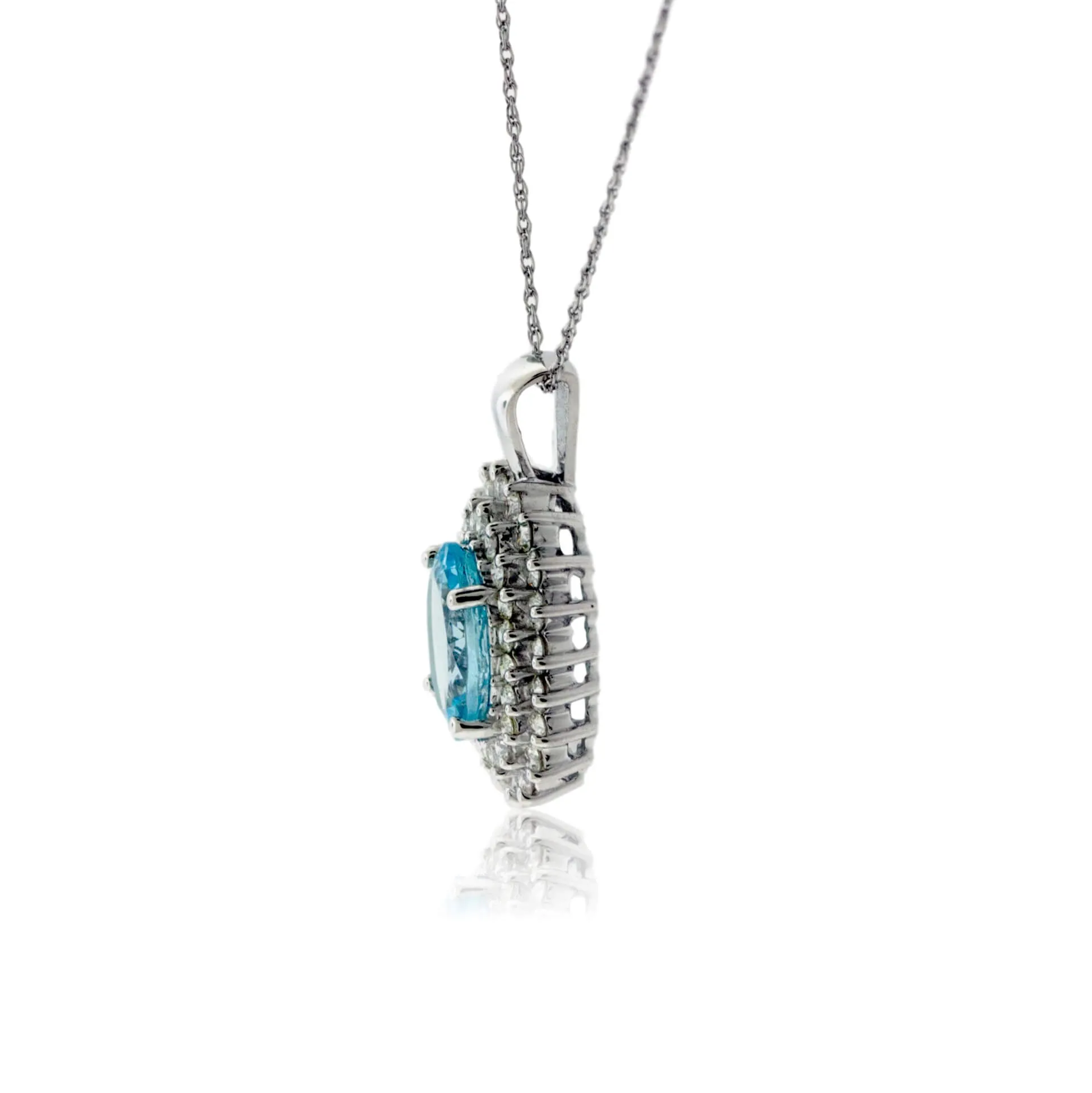 Oval Aquamarine with Classic Double Diamond Halo Pendant