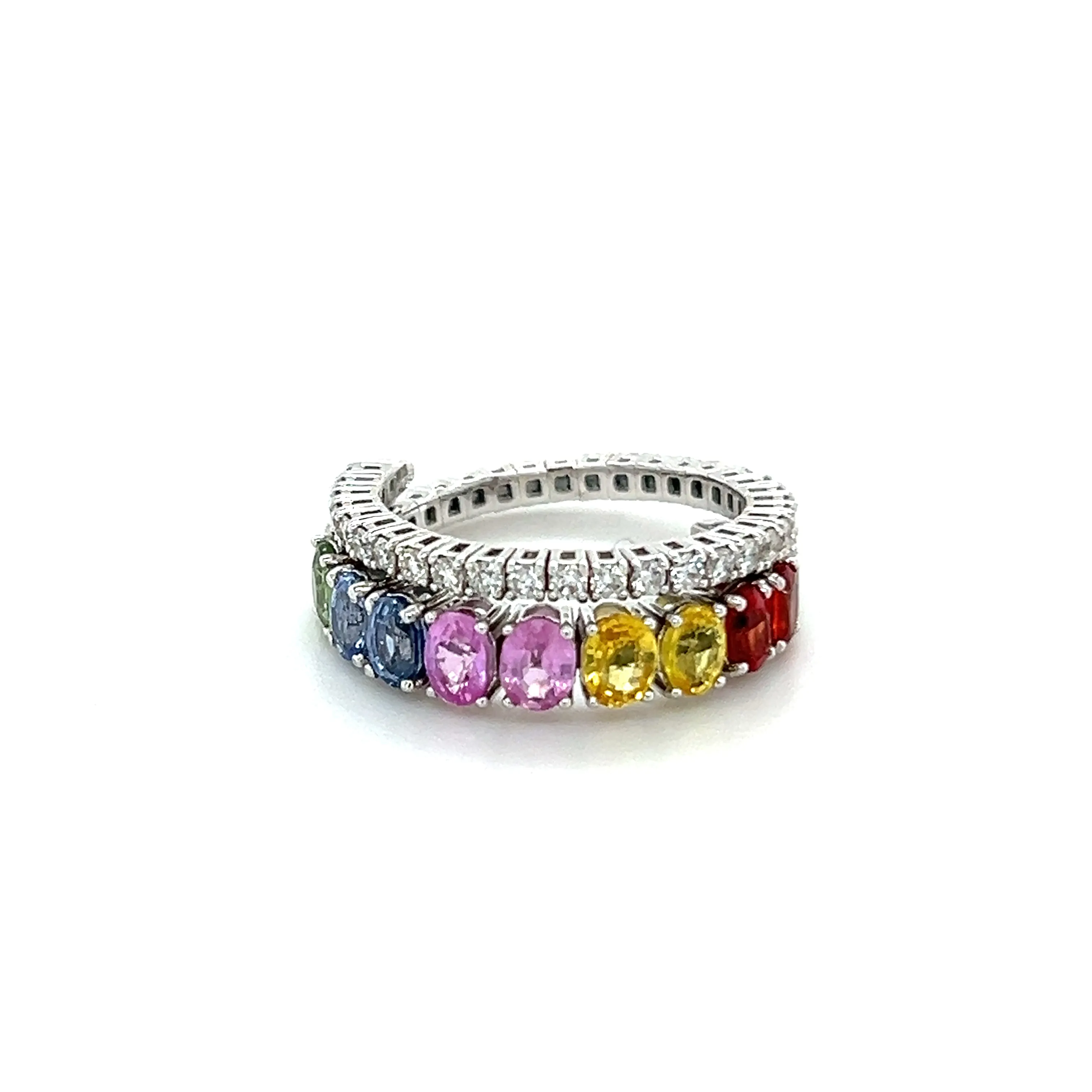 Oval Multicolored Sapphires and Diamonds Eternity Double Ring