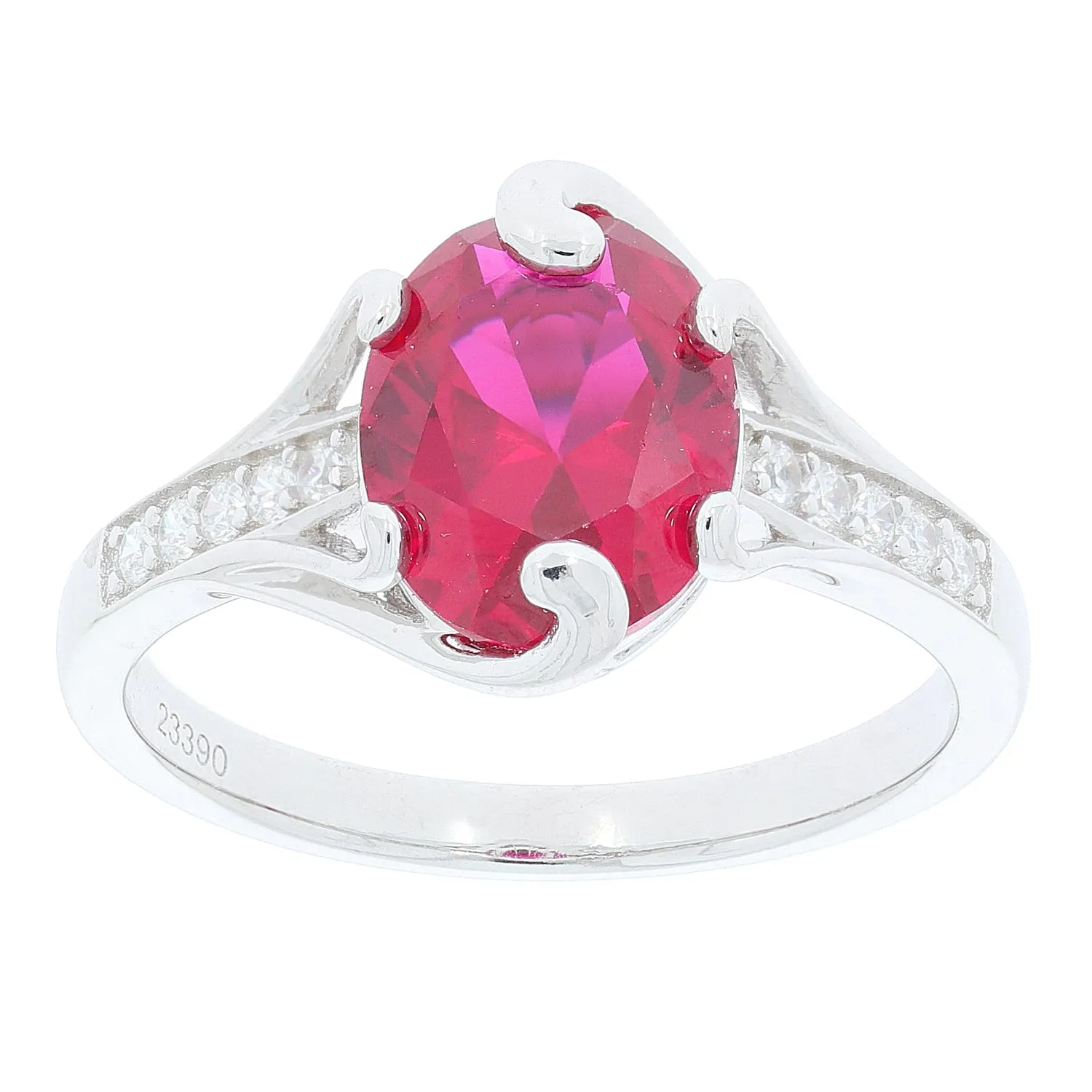 Oval Red Ruby Sterling Silver Ring with Moissanite Accent