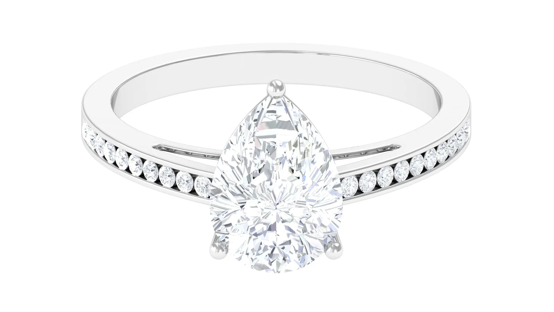 Pear Cut Solitaire and Hidden Moissanite Ring with Channel Set Side Stones