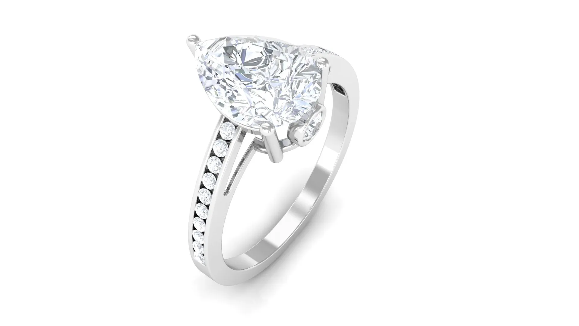 Pear Cut Solitaire and Hidden Moissanite Ring with Channel Set Side Stones