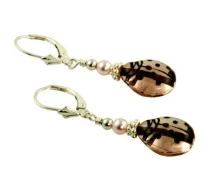 Pearl Pink Mauve Ladybug Beaded Earrings