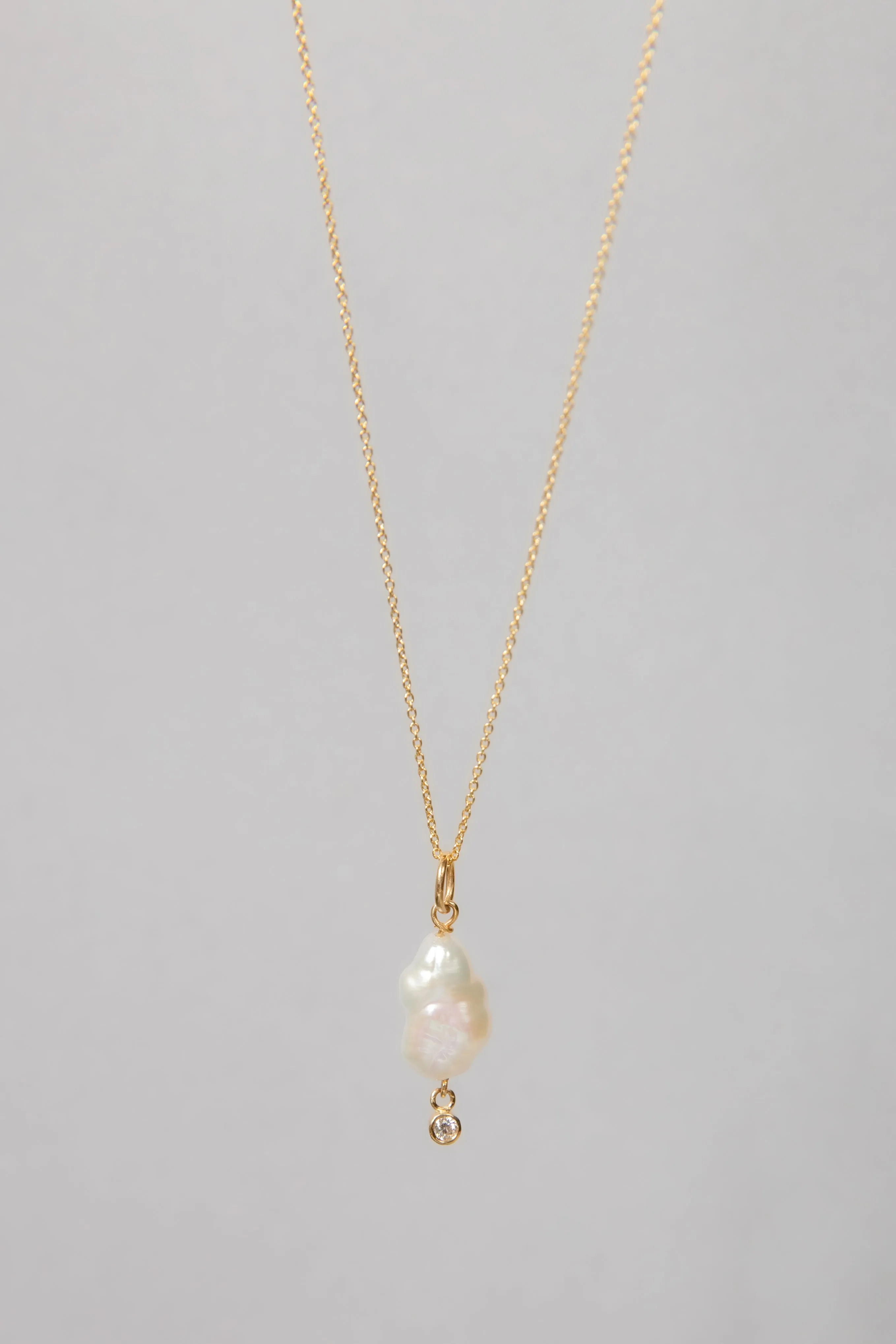 Pearl with Hanging Diamond Pendant / Necklace, Solid Gold