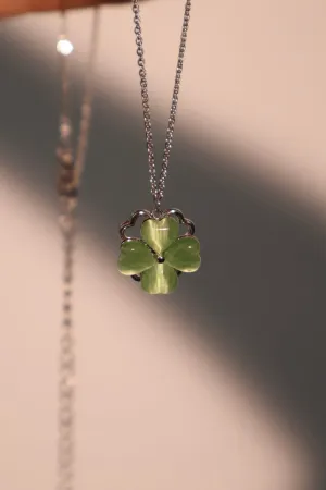 Platinum Plated Spinning Jade Clover Necklace