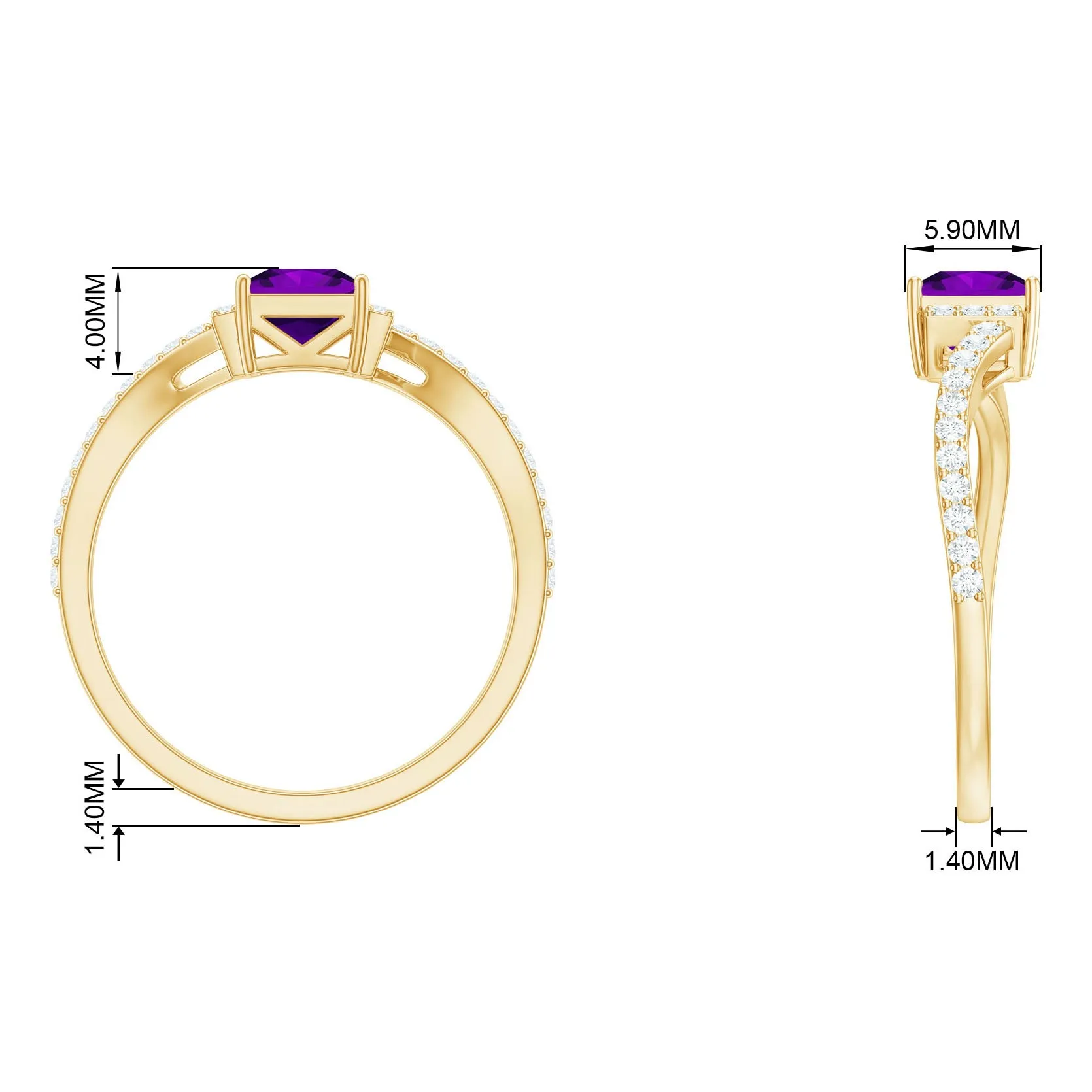 Princess Amethyst and Diamond Bypass Engagement Ring