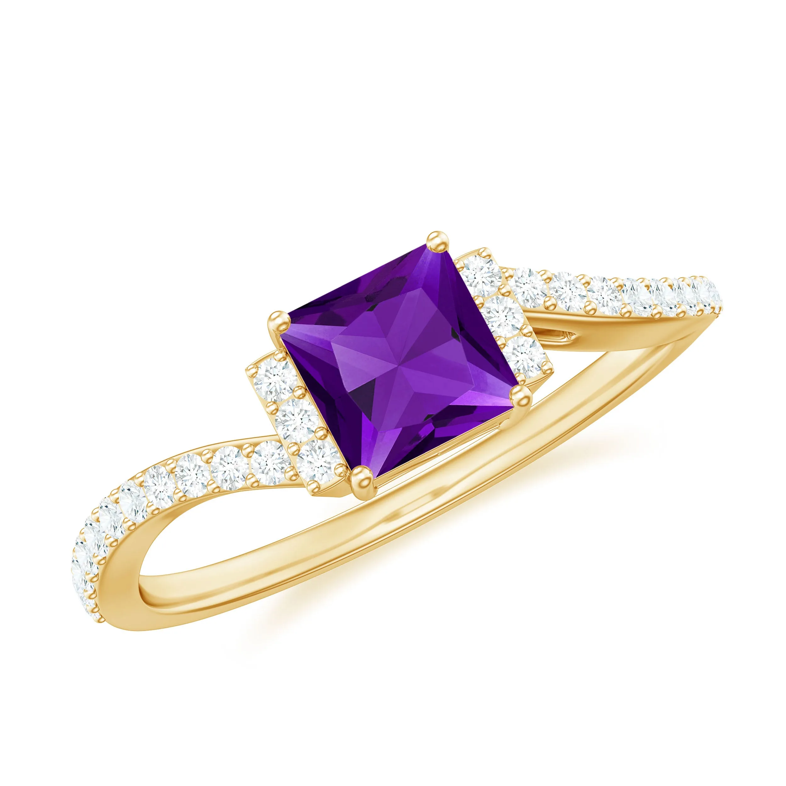 Princess Amethyst and Diamond Bypass Engagement Ring