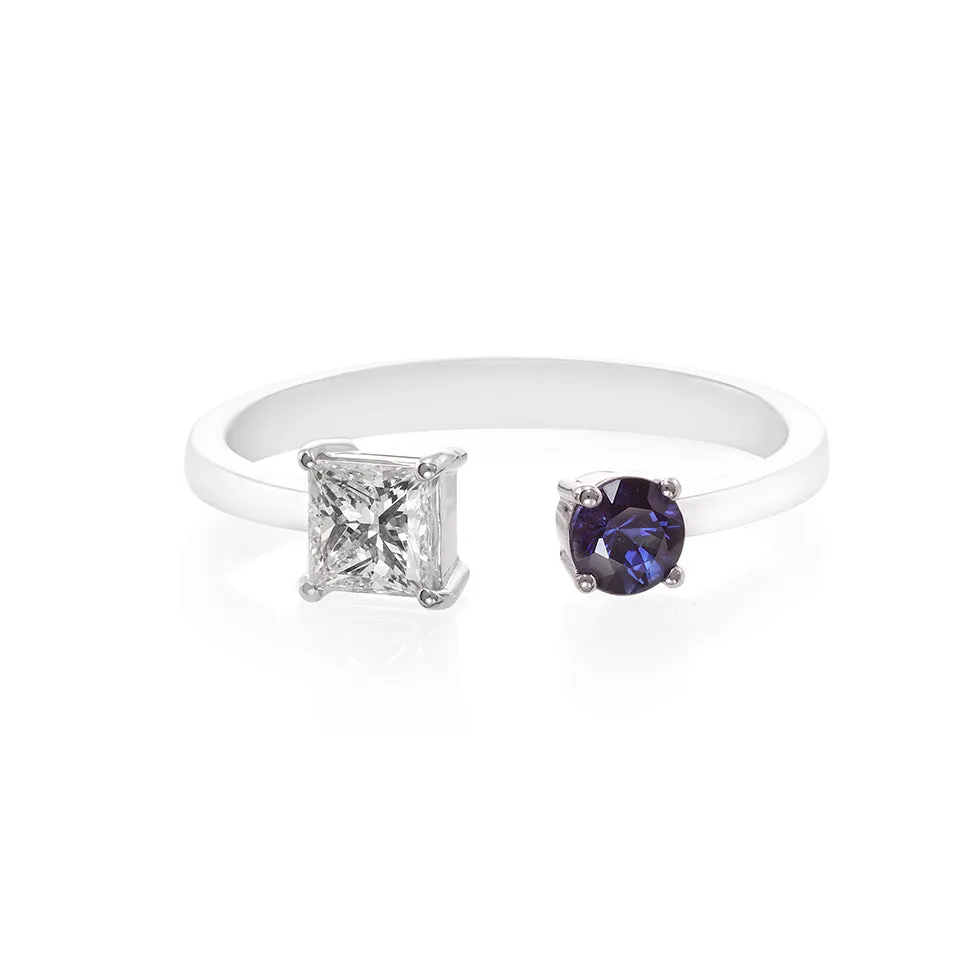 Princess Cut Diamond and Round Cut Blue Sapphire Open Ring