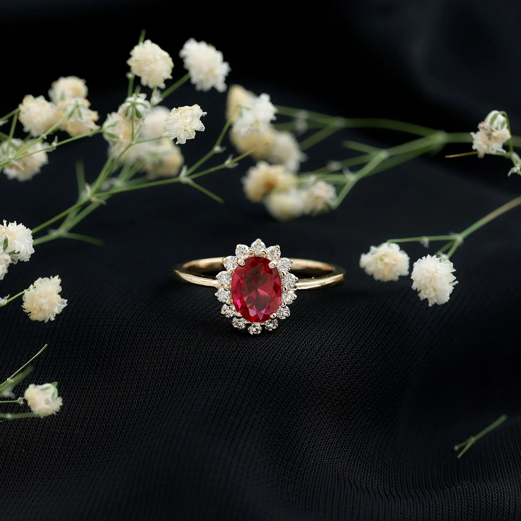 Princess Diana Inspired Oval Cut Created Ruby Engagement Ring Diamond Halo