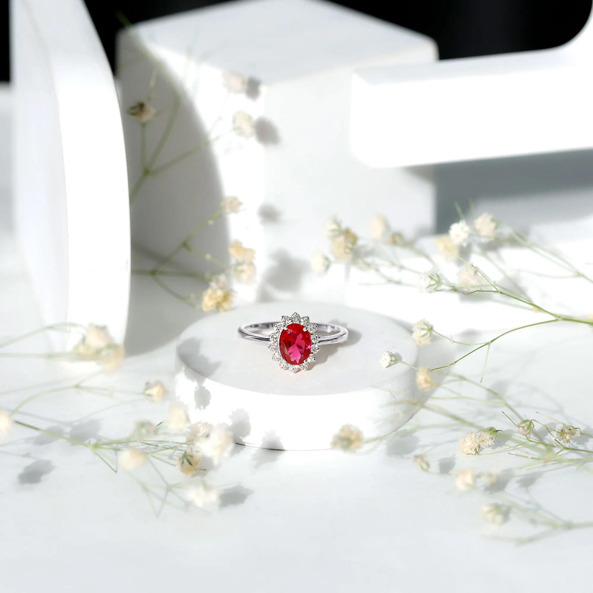 Princess Diana Inspired Oval Cut Created Ruby Engagement Ring Diamond Halo