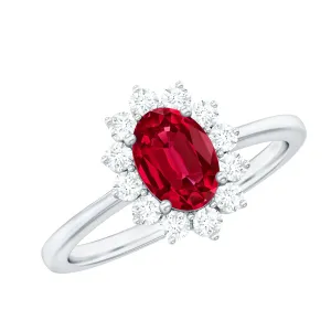 Princess Diana Inspired Oval Cut Created Ruby Engagement Ring Diamond Halo