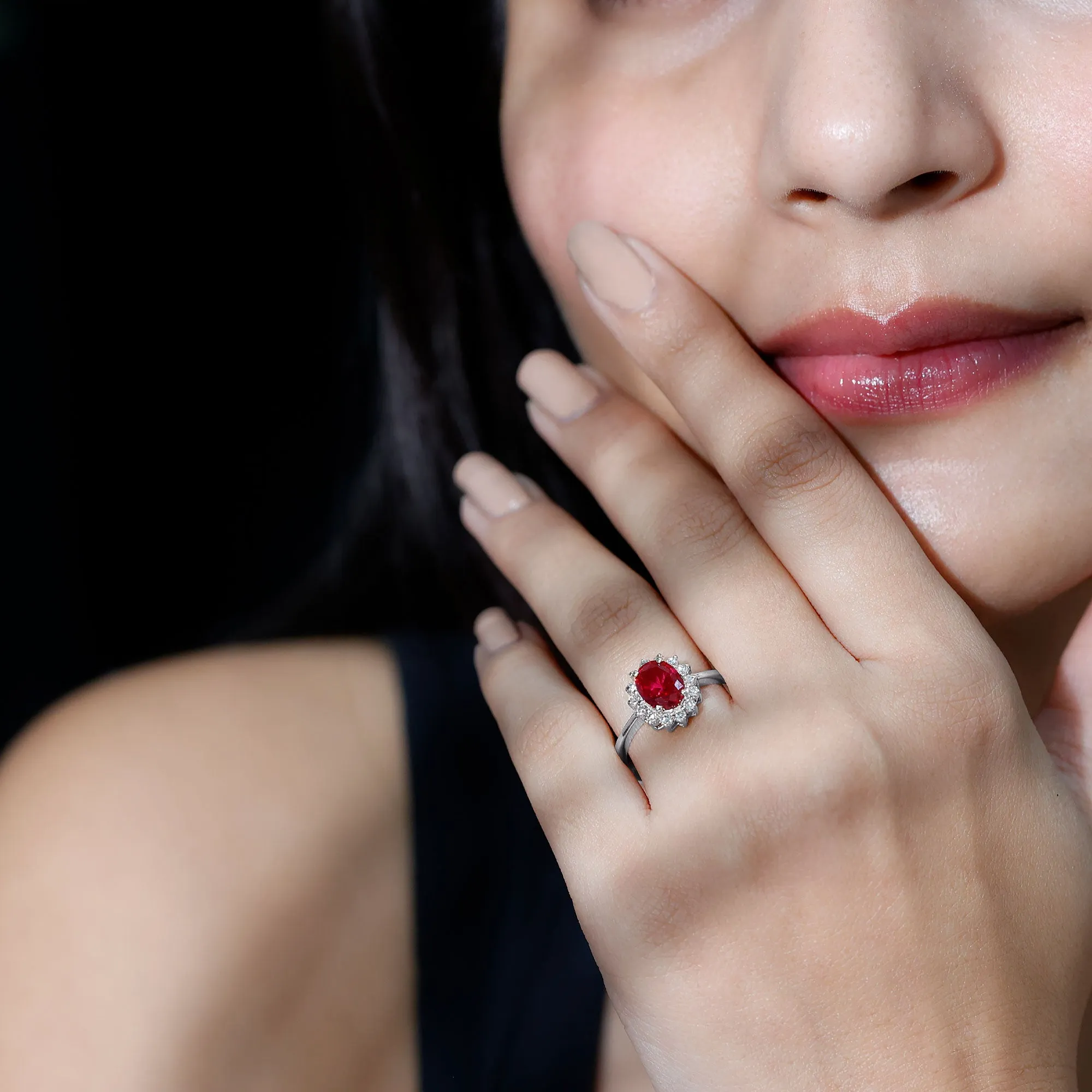 Princess Diana Inspired Oval Cut Created Ruby Engagement Ring Diamond Halo