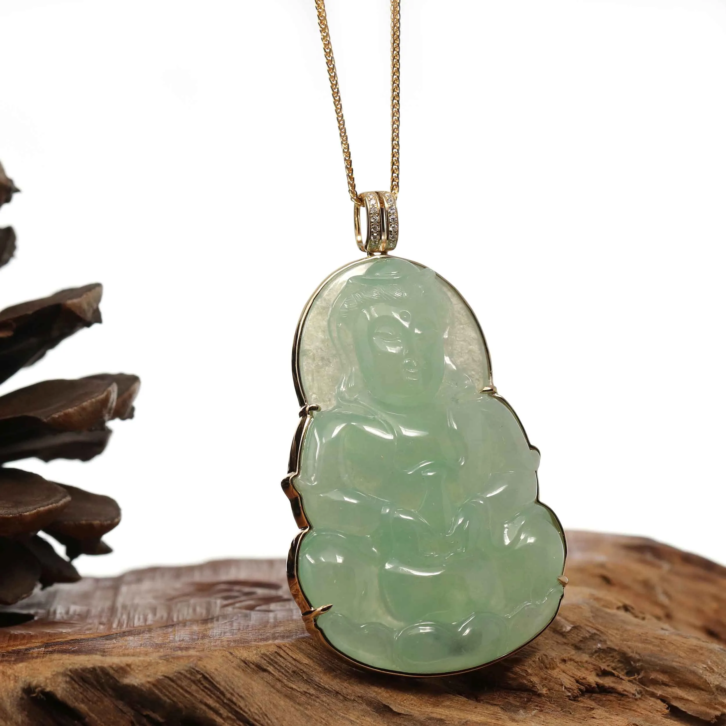 " Goddess of Compassion" 14k Yellow Gold Genuine Burmese Jadeite Jade Guanyin Necklace With Good Luck Design