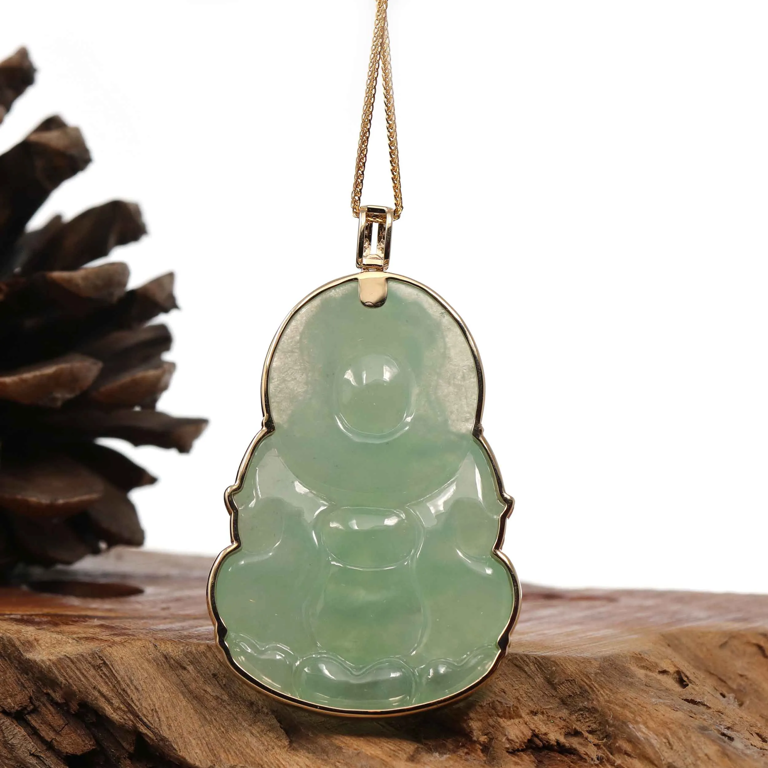 " Goddess of Compassion" 14k Yellow Gold Genuine Burmese Jadeite Jade Guanyin Necklace With Good Luck Design