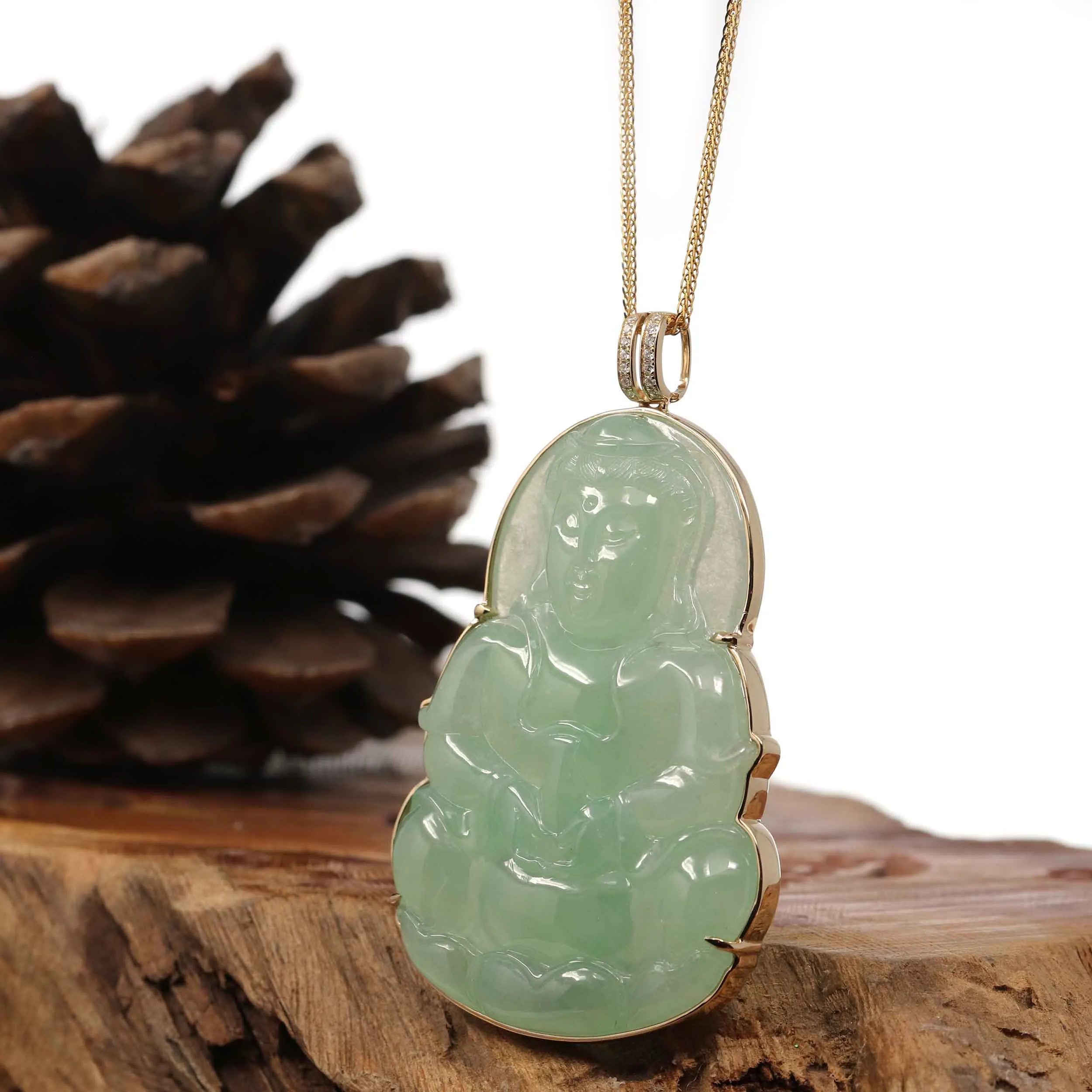 " Goddess of Compassion" 14k Yellow Gold Genuine Burmese Jadeite Jade Guanyin Necklace With Good Luck Design