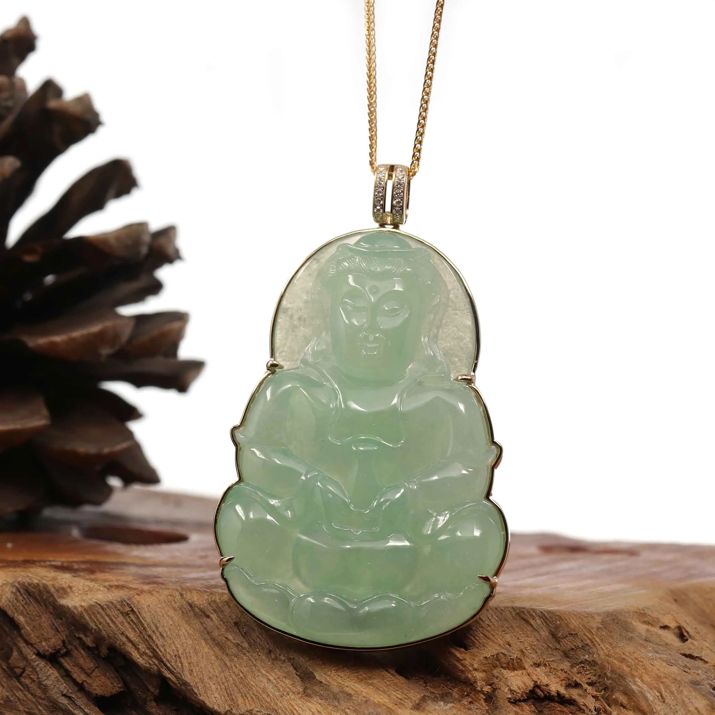 " Goddess of Compassion" 14k Yellow Gold Genuine Burmese Jadeite Jade Guanyin Necklace With Good Luck Design