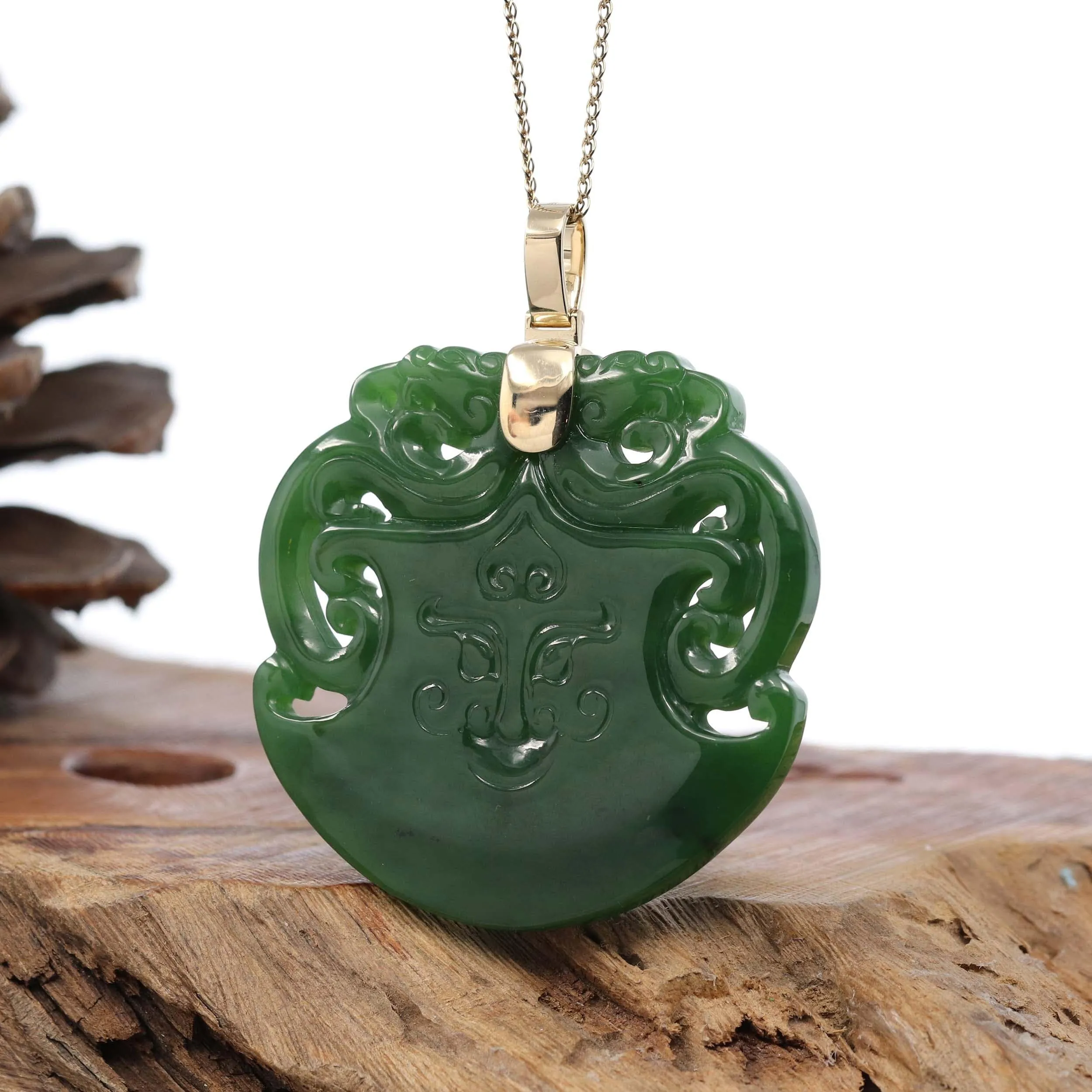 "Dragon & AX" Large 14k Yellow Gold Genuine Apple Green Nephrite Jade Pendant Necklace