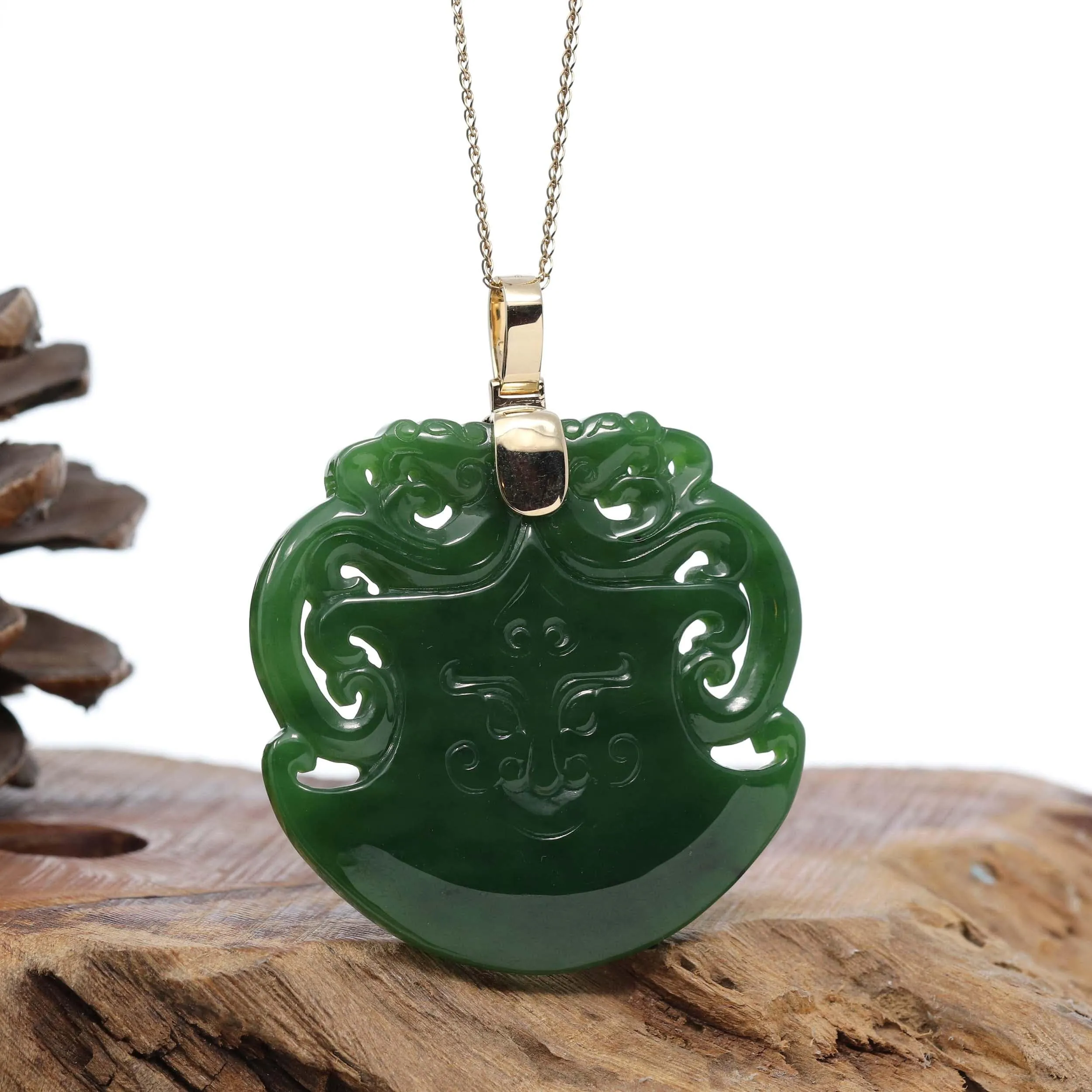 "Dragon & AX" Large 14k Yellow Gold Genuine Apple Green Nephrite Jade Pendant Necklace