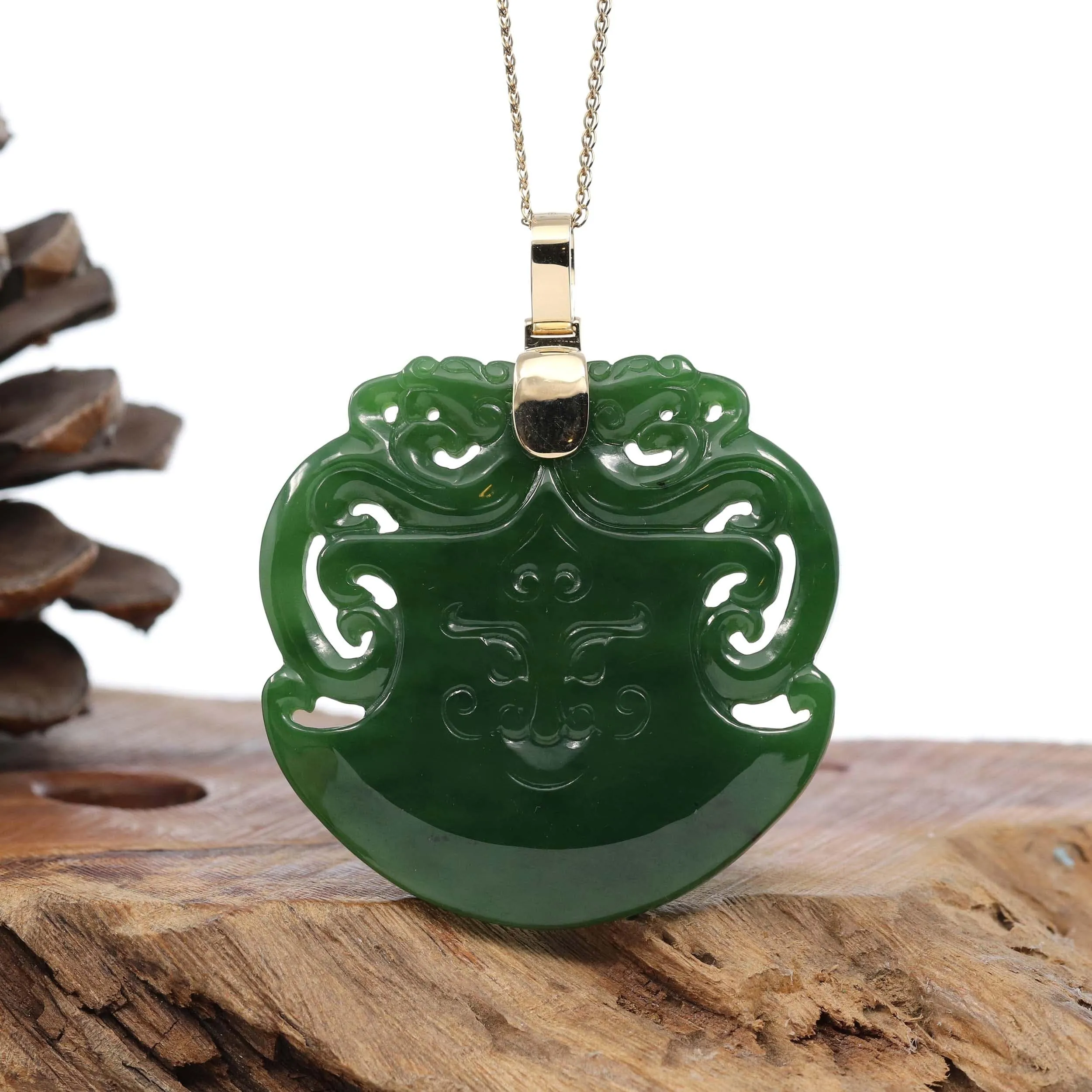 "Dragon & AX" Large 14k Yellow Gold Genuine Apple Green Nephrite Jade Pendant Necklace