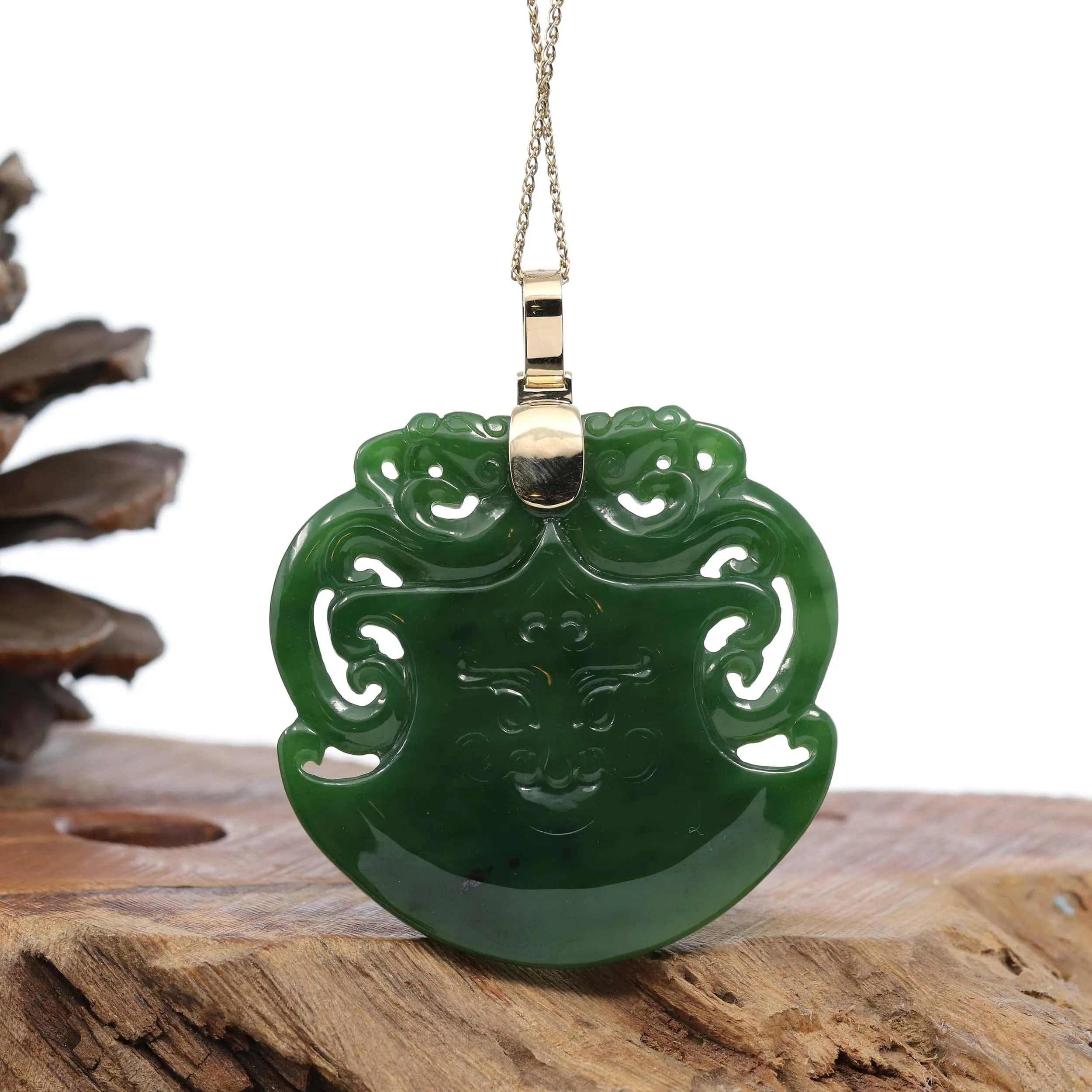 "Dragon & AX" Large 14k Yellow Gold Genuine Apple Green Nephrite Jade Pendant Necklace