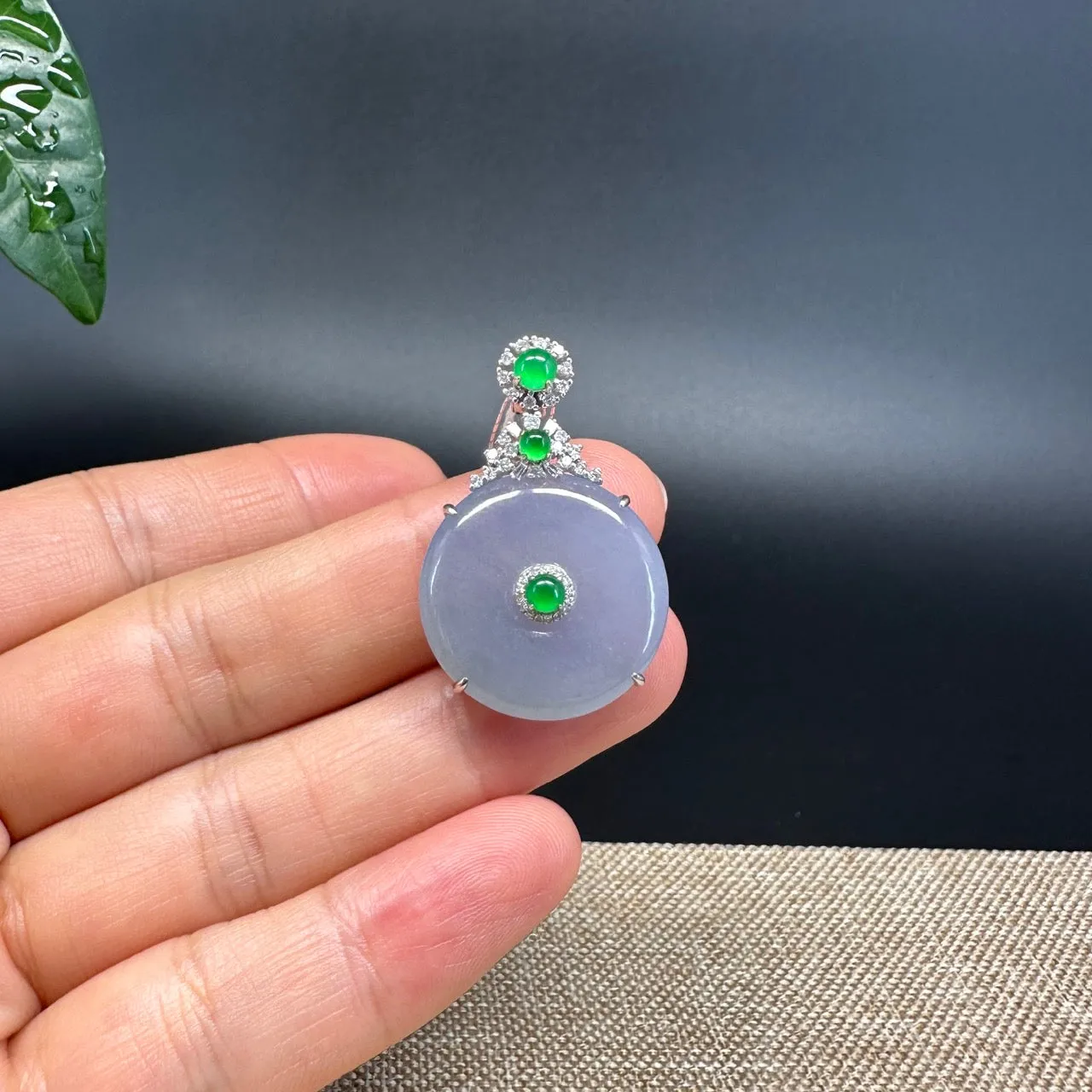 "Good Luck Button" Icy Lavender Jadeite Jade Lucky KouKou Pendant With 18K White Gold Bail