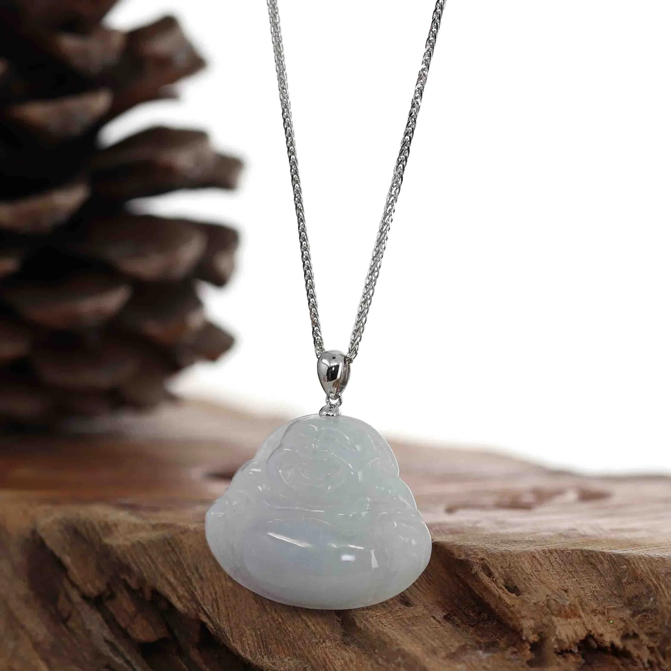 "Laughing Buddha" 14k White Gold, Genuine Light Lavender Green Jadeite Jade Buddha Necklace