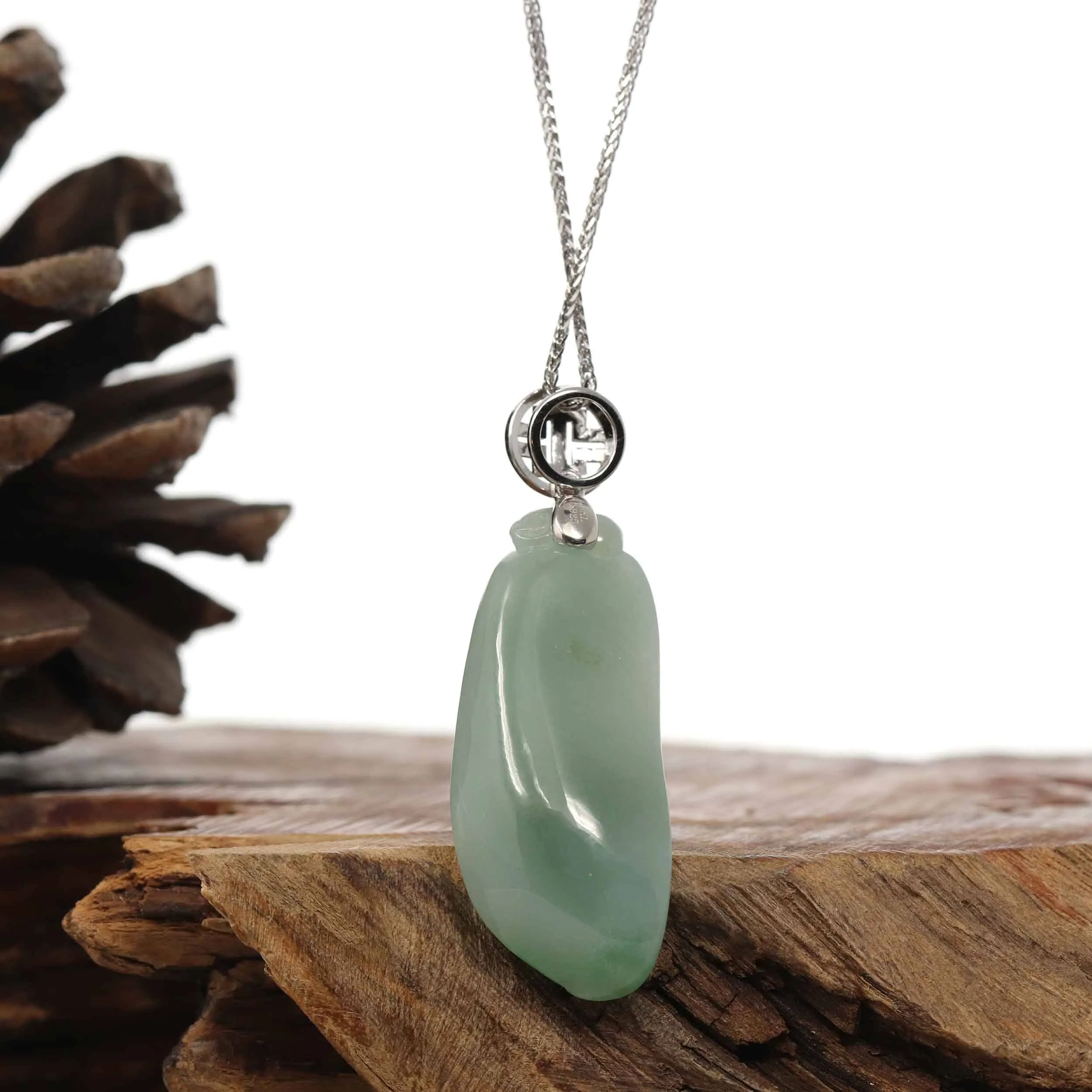 "Shou Tao" (Longevity Peach) Natural Light green Jadeite Jade, Necklace With Silver Bail