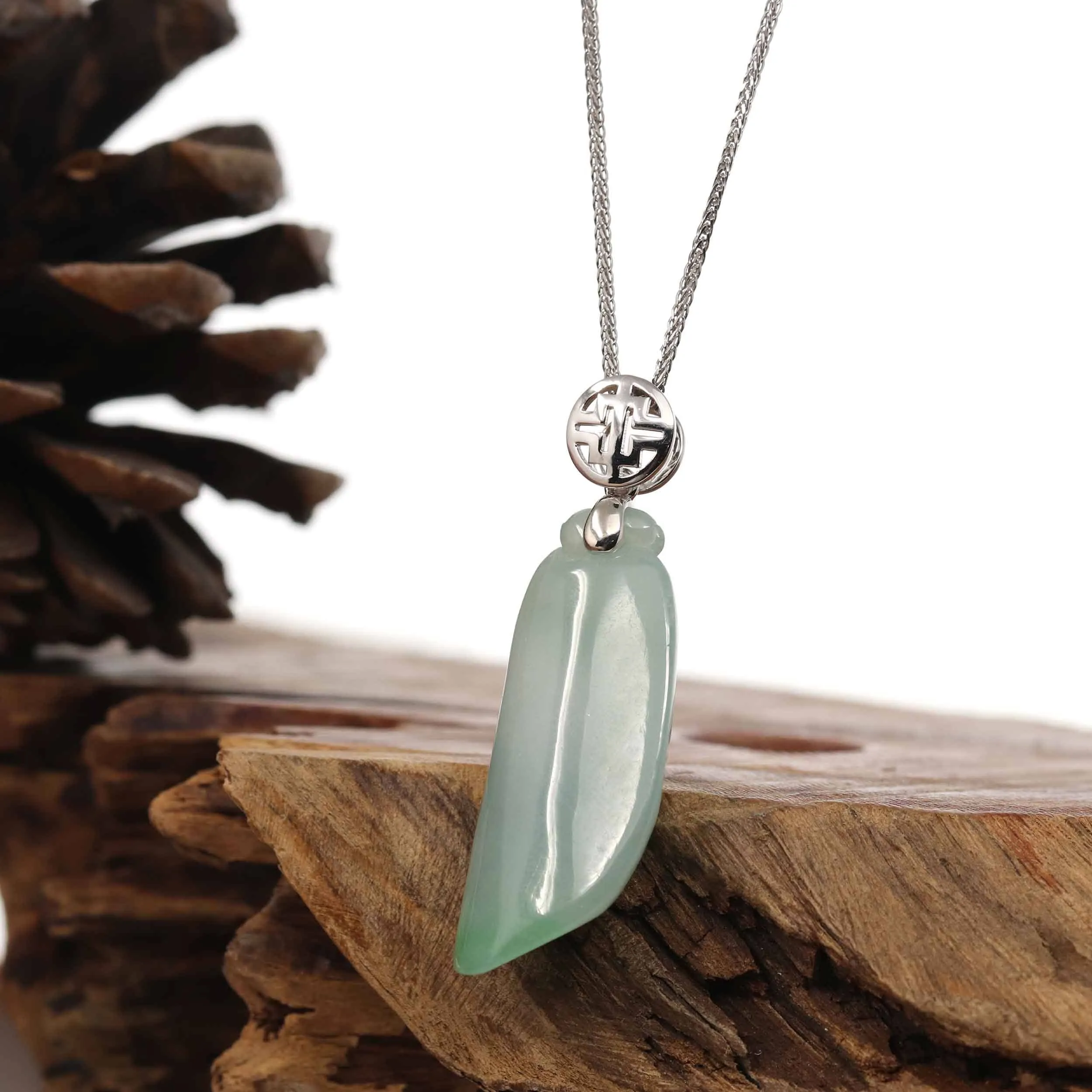 "Shou Tao" (Longevity Peach) Natural Light green Jadeite Jade, Necklace With Silver Bail