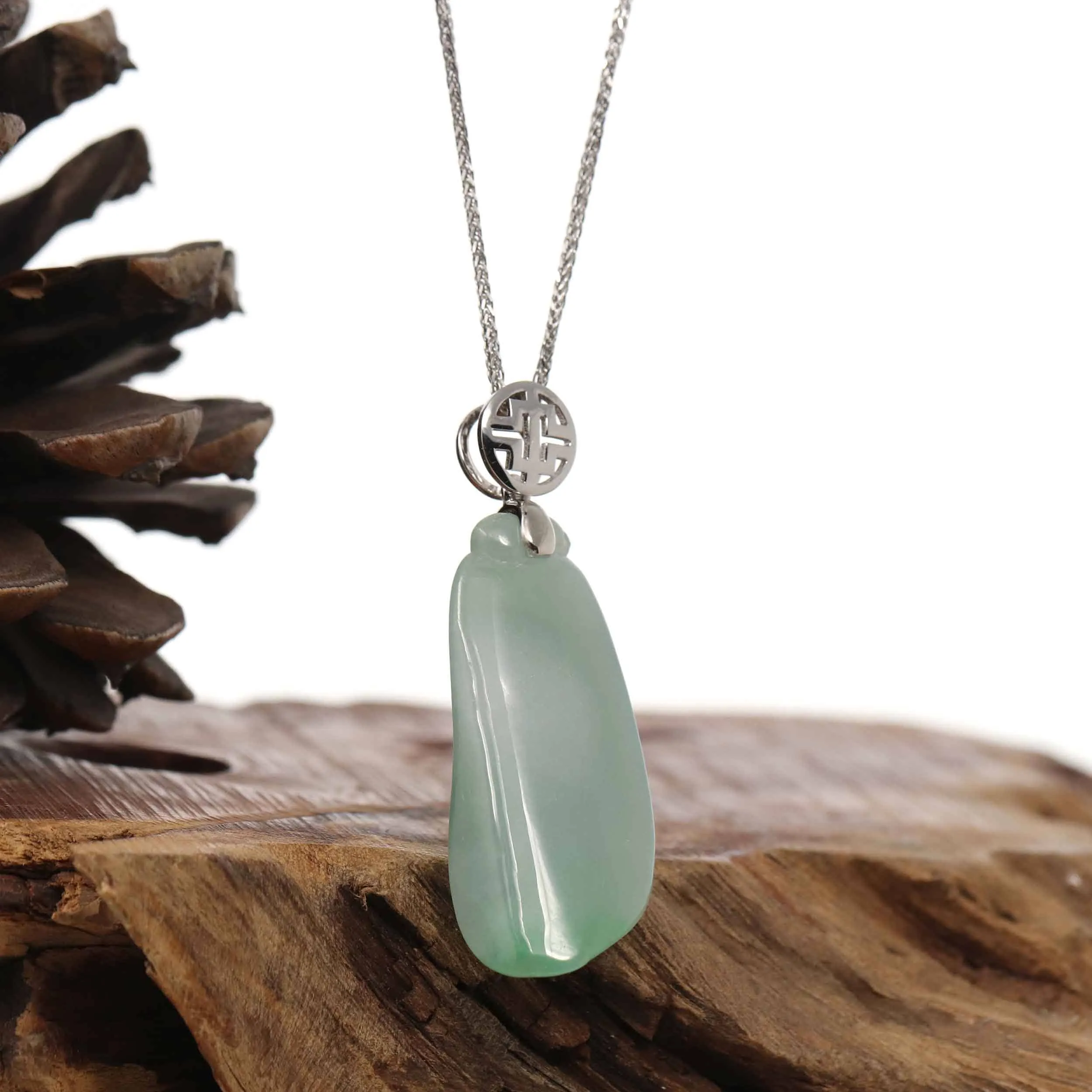 "Shou Tao" (Longevity Peach) Natural Light green Jadeite Jade, Necklace With Silver Bail