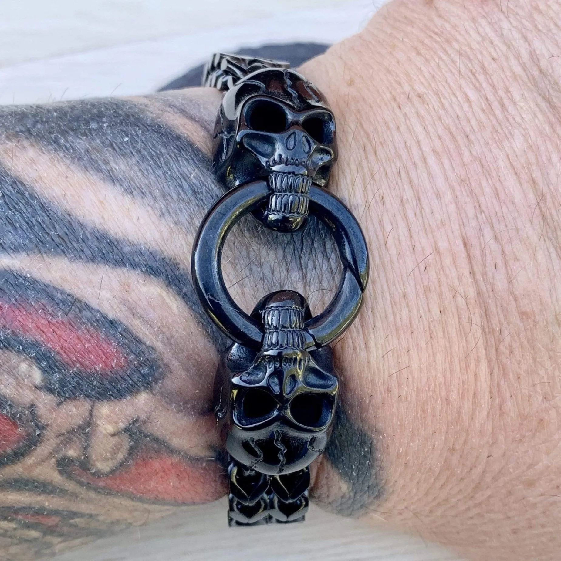 "Viking with 2 Skull Heads" Bracelet - Black - 1/2 inch wide - B77