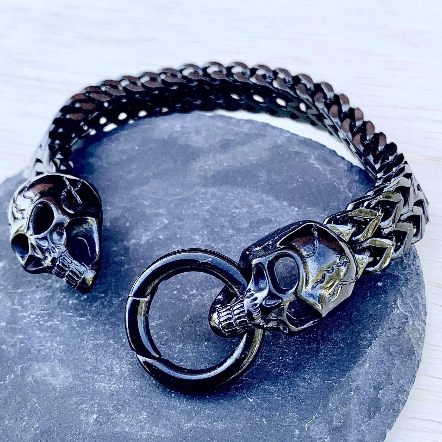 "Viking with 2 Skull Heads" Bracelet - Black - 1/2 inch wide - B77