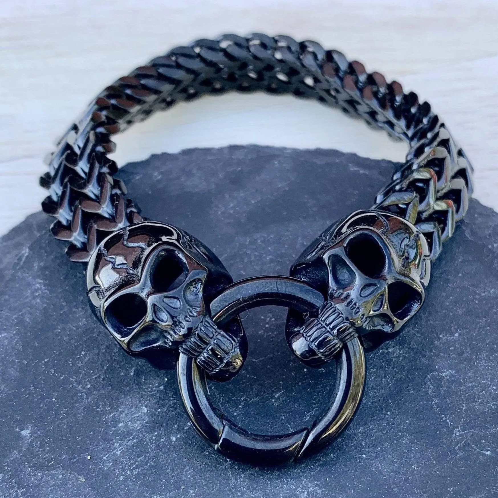 "Viking with 2 Skull Heads" Bracelet - Black - 1/2 inch wide - B77