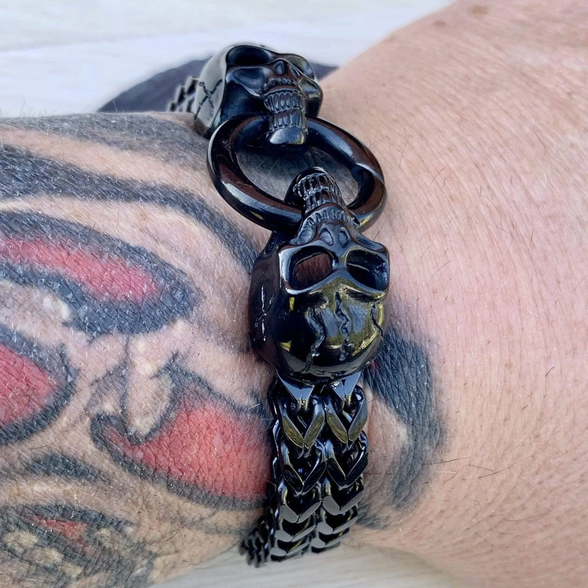 "Viking with 2 Skull Heads" Bracelet - Black - 1/2 inch wide - B77