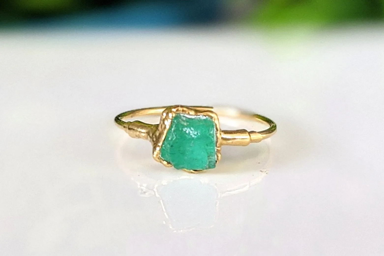 Raw Emerald ring ~ May birthstone ring