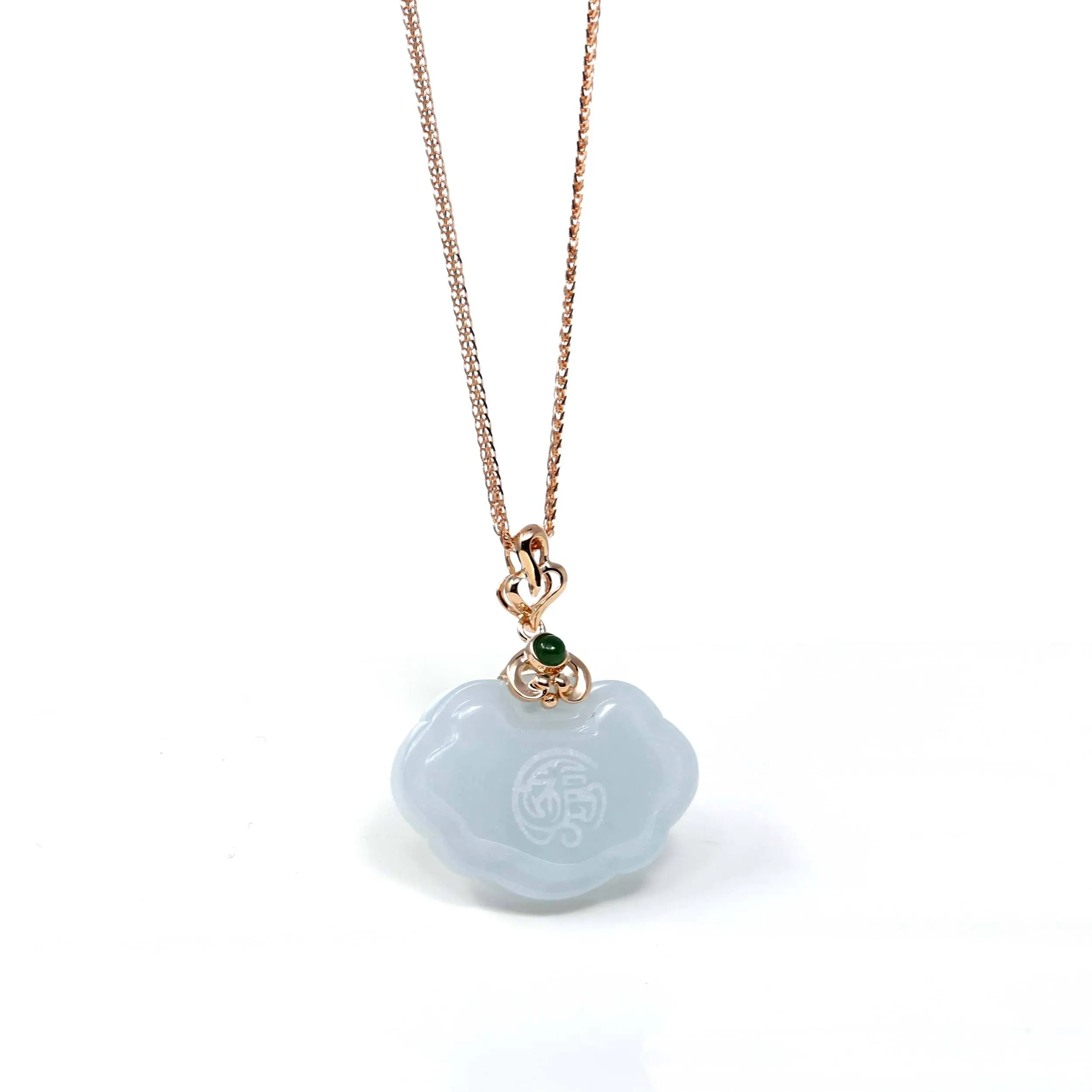 RealJade® 18k Rose Gold Genuine Burmese Light Lavender Jadeite Happiness and Safety  (Fu & Pingan) Pendant Necklace